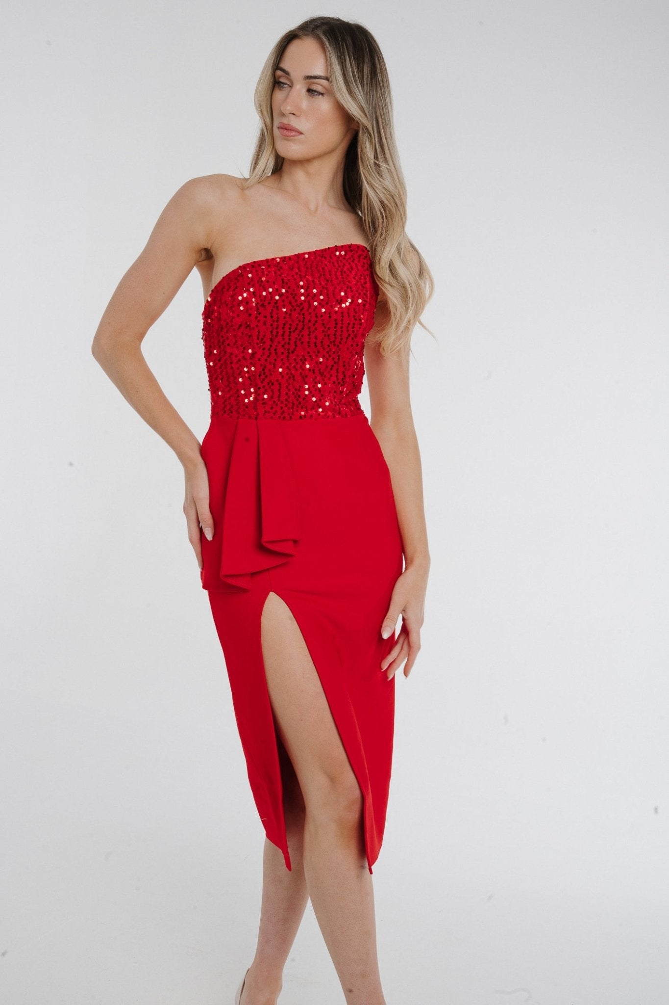 Holly Frill Front Sequin Dress In Red - The Walk in Wardrobe