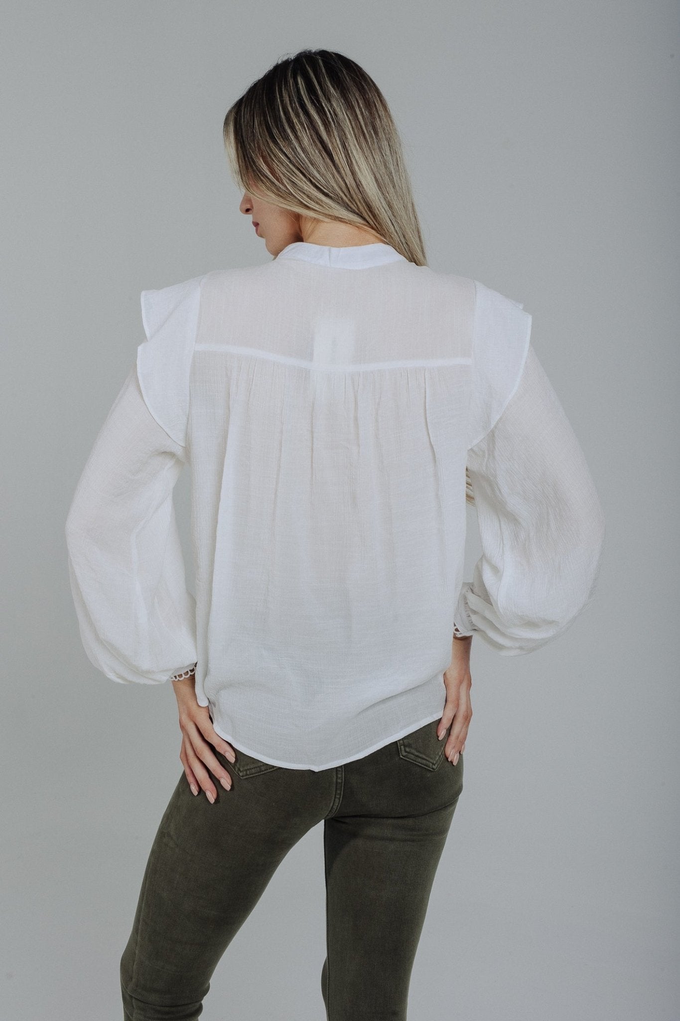Holly Frill Shoulder Crochet Blouse In White - The Walk in Wardrobe