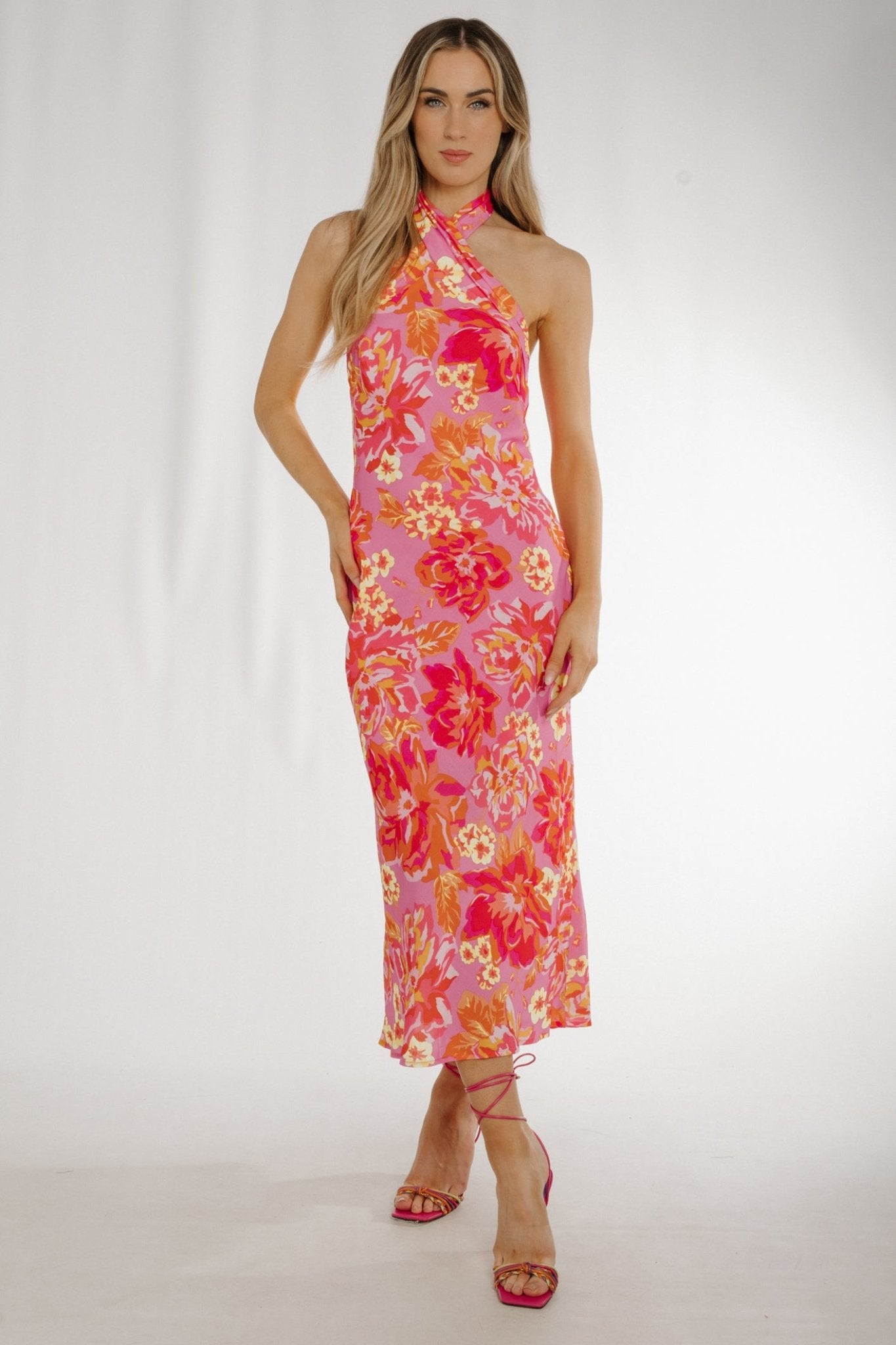 Holly Halter Neck Dress In Pink Mix - The Walk in Wardrobe