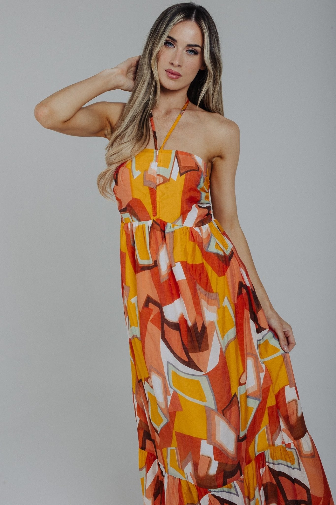 Holly Halter Neck Midi Dress In Orange Mix - The Walk in Wardrobe