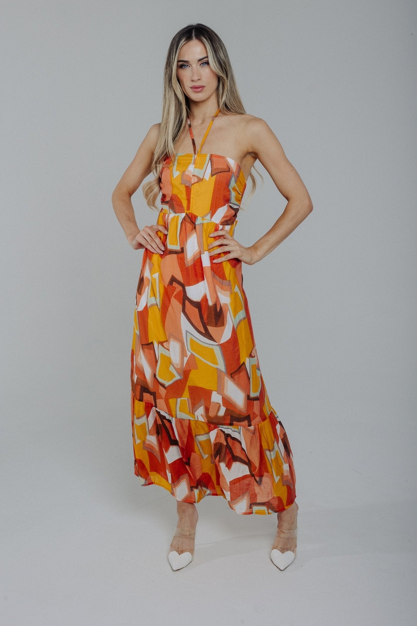Holly Halter Neck Midi Dress In Orange Mix - The Walk in Wardrobe