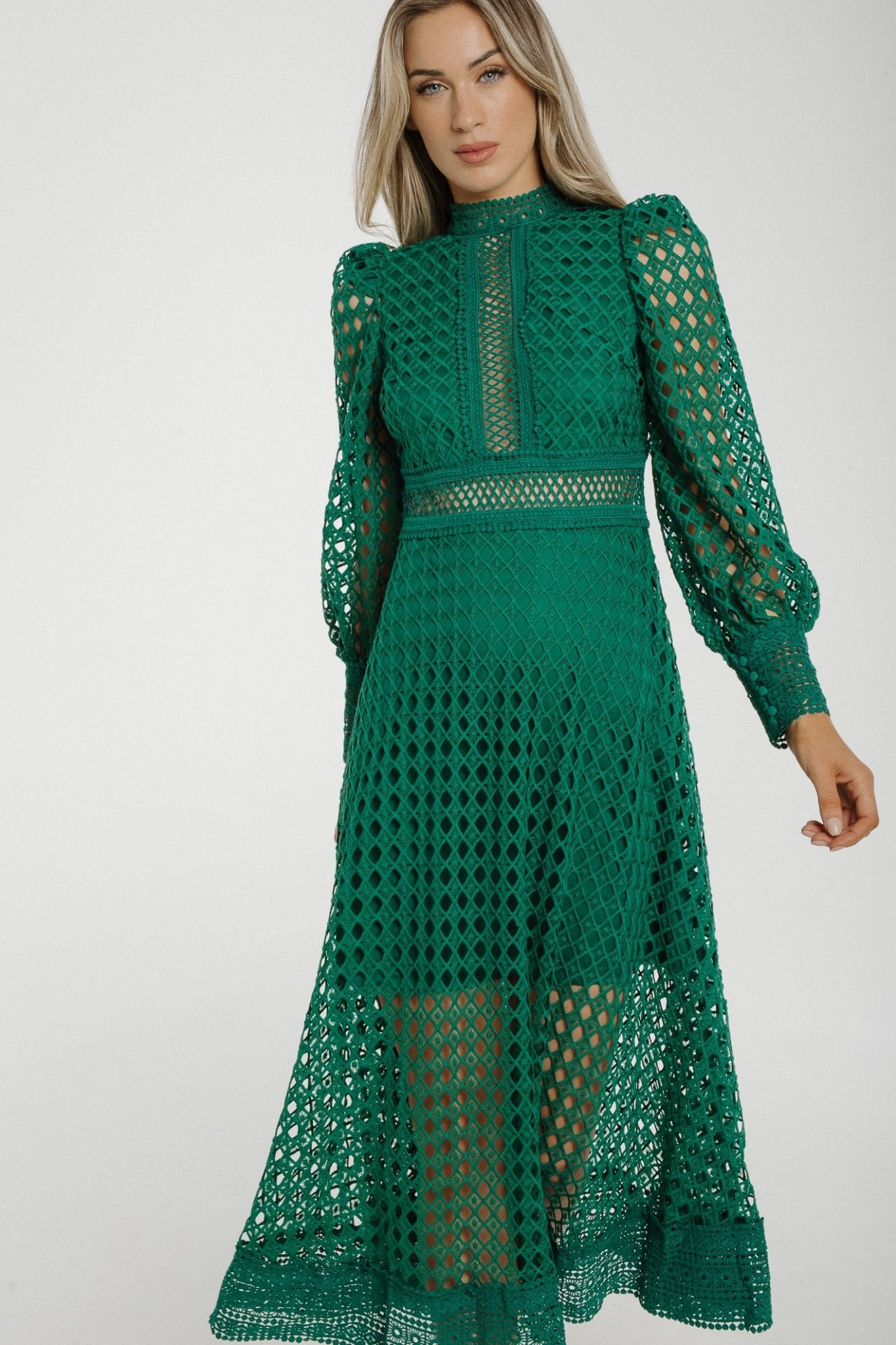 Holly High Neck Embroidered Dress In Green - The Walk in Wardrobe