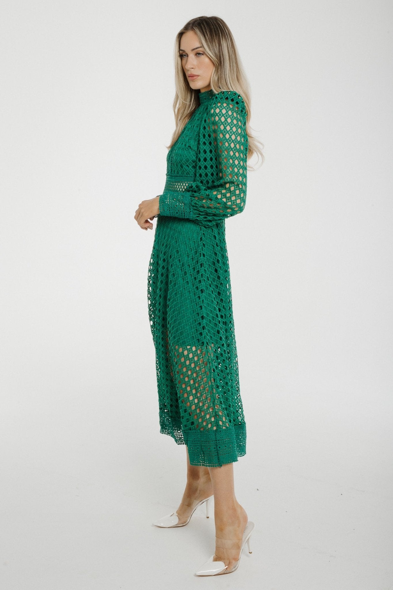 Holly High Neck Embroidered Dress In Green - The Walk in Wardrobe
