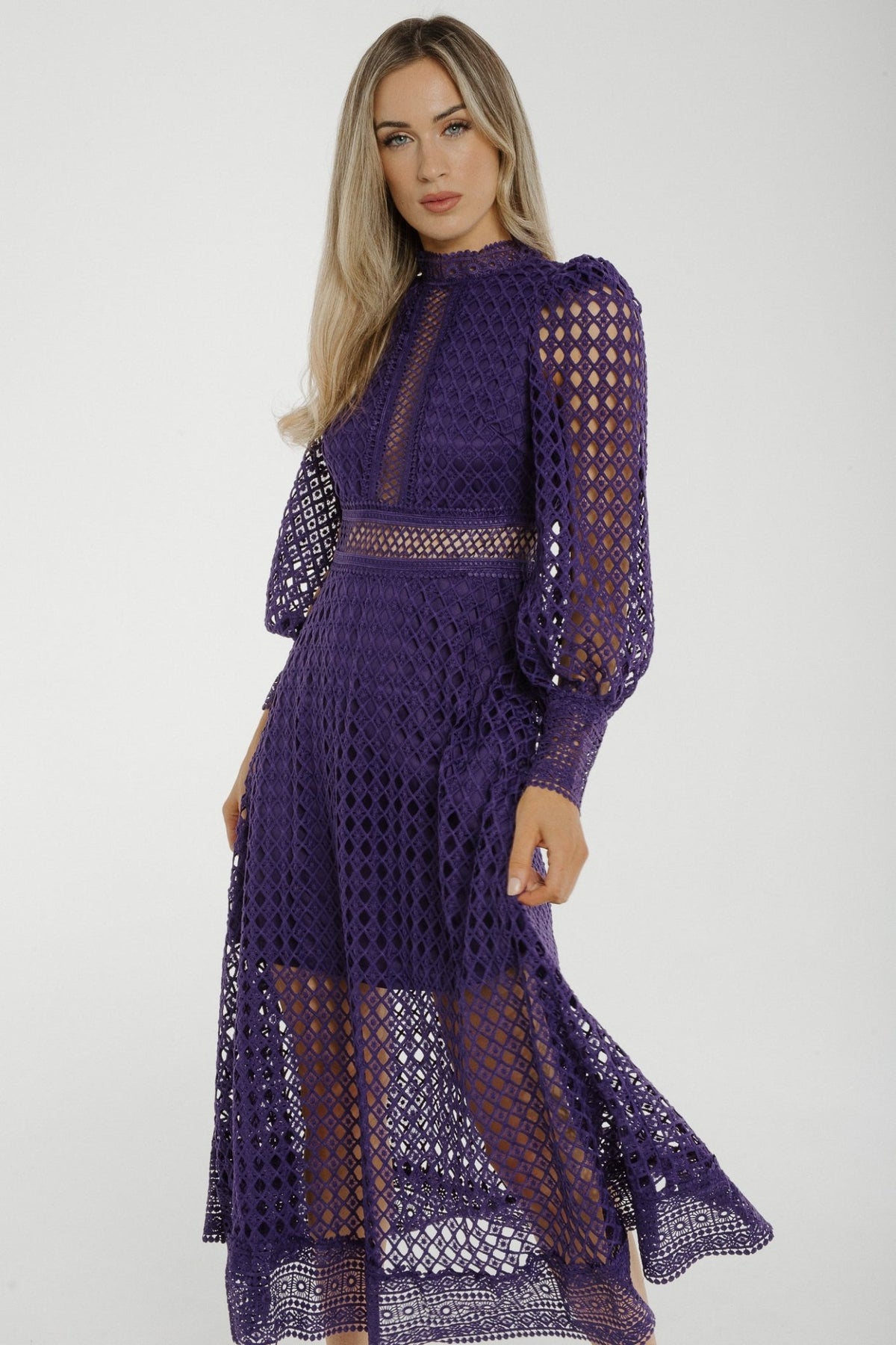 Holly High Neck Embroidered Dress In Purple - The Walk in Wardrobe