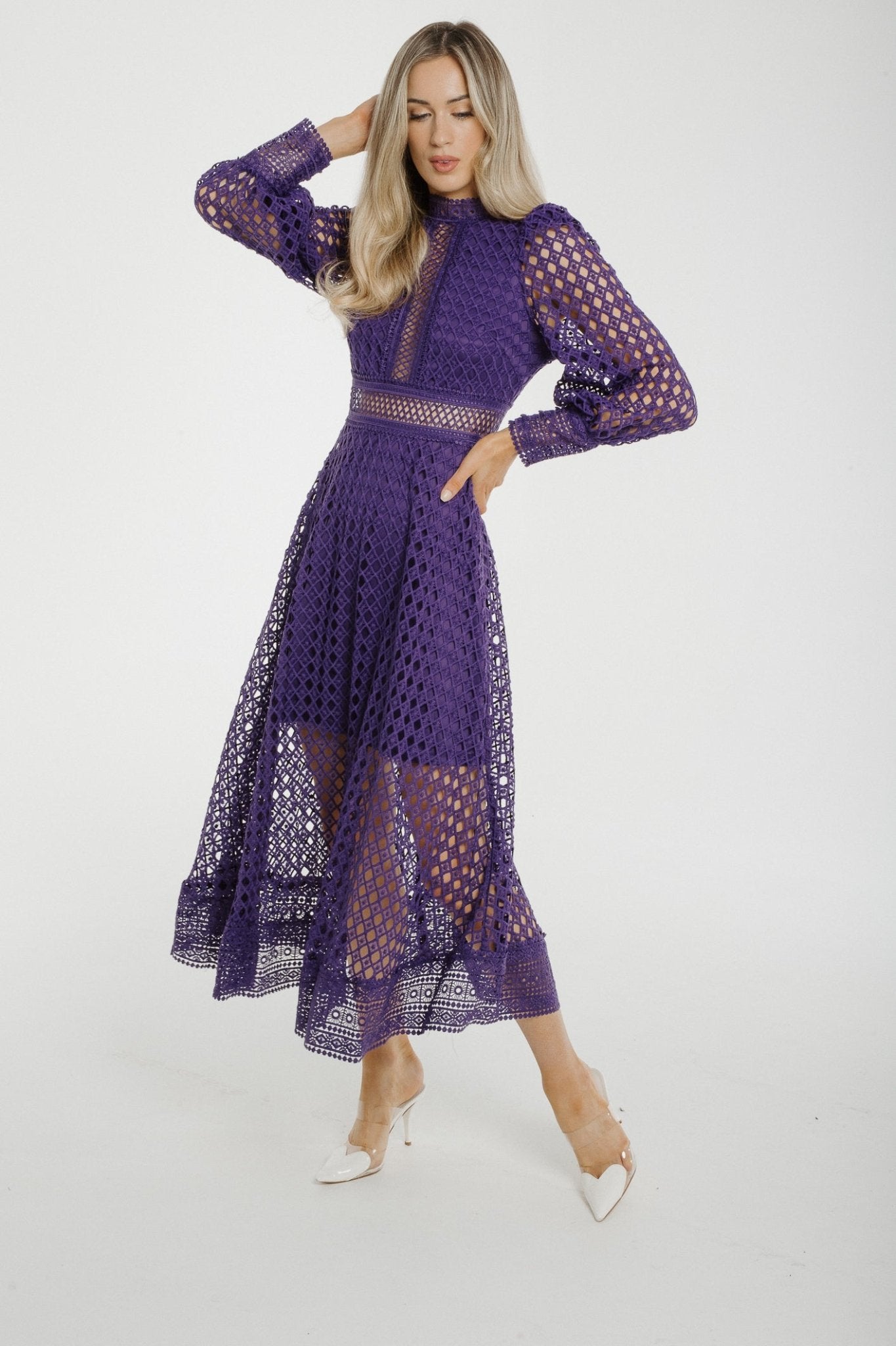 Holly High Neck Embroidered Dress In Purple - The Walk in Wardrobe