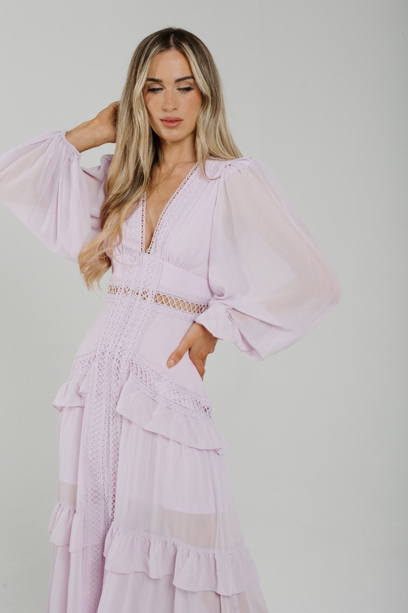 Holly Lace Cut Out Maxi Dress In Lilac - The Walk in Wardrobe