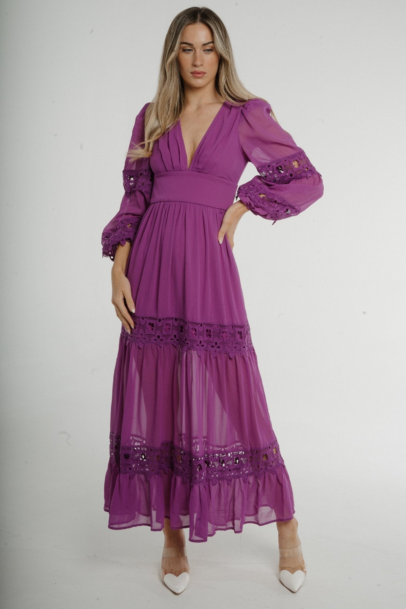 Holly Long Sleeve Maxi Dress In Purple - The Walk in Wardrobe