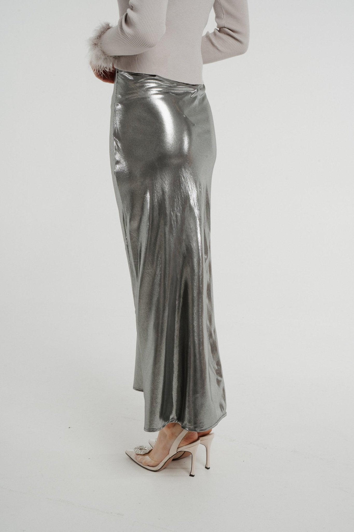 Holly Longline Satin Skirt In Silver - The Walk in Wardrobe
