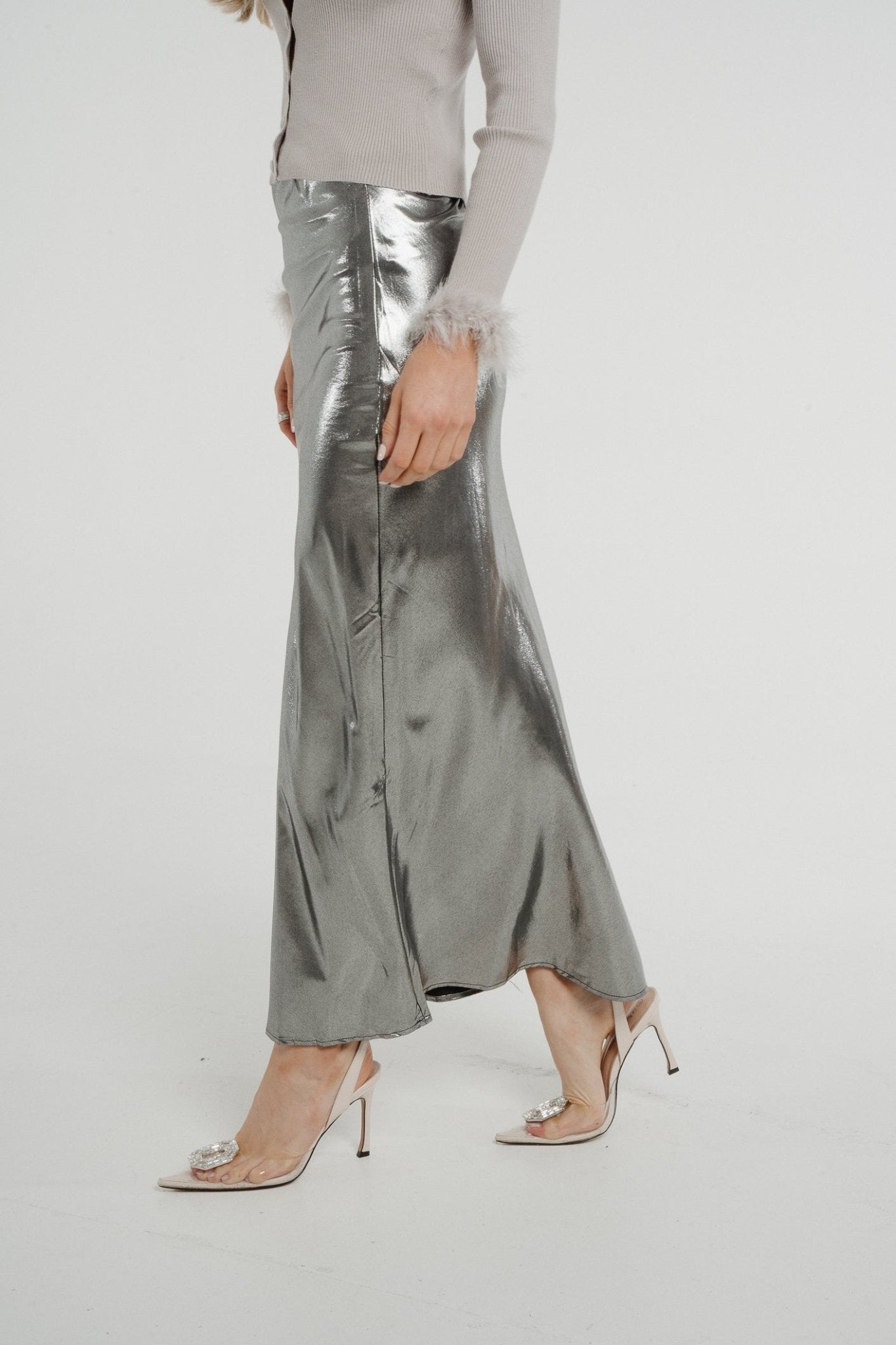 Holly Longline Satin Skirt In Silver - The Walk in Wardrobe