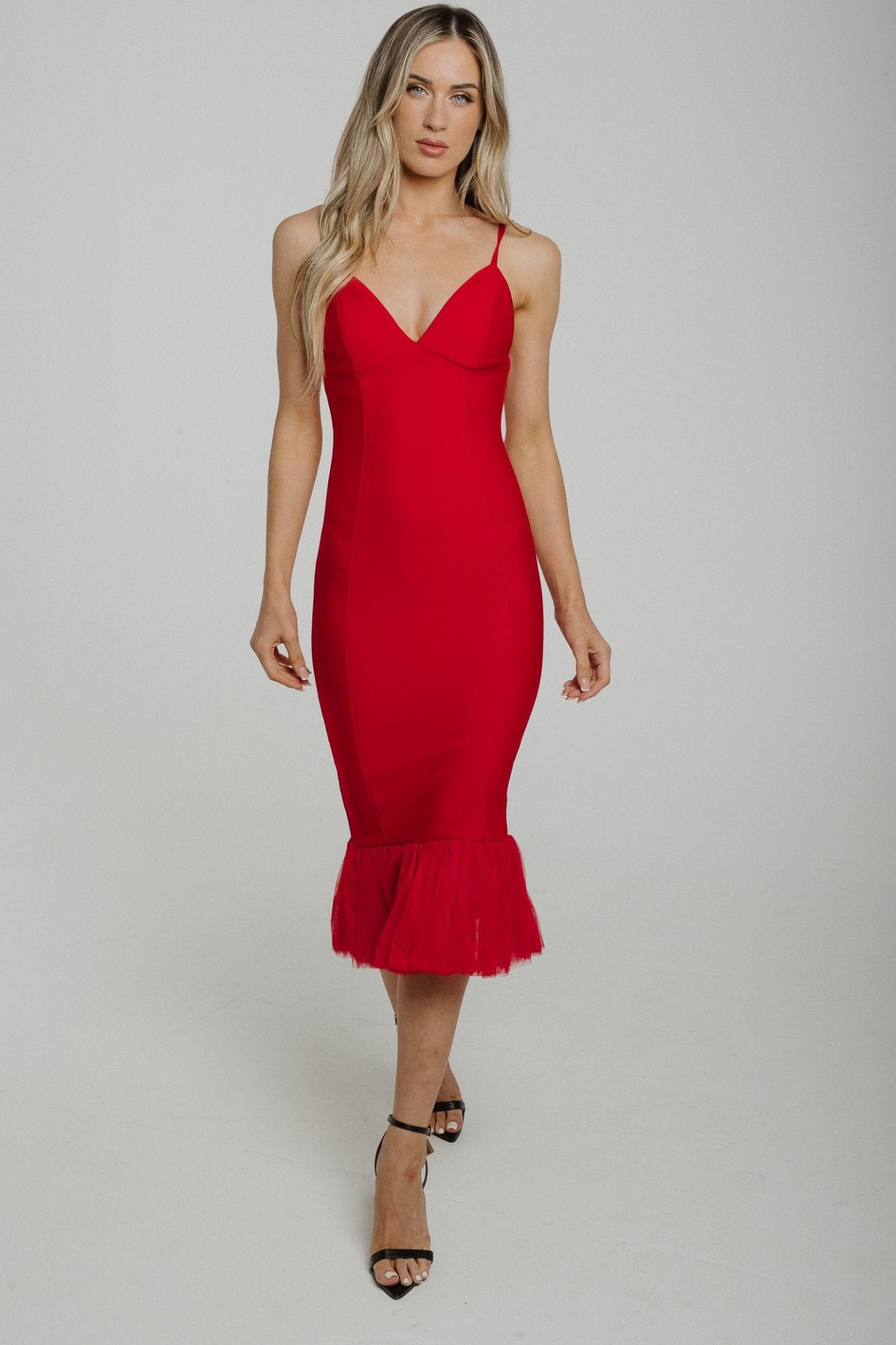 Holly Mesh Hem Midi Dress In Red - The Walk in Wardrobe