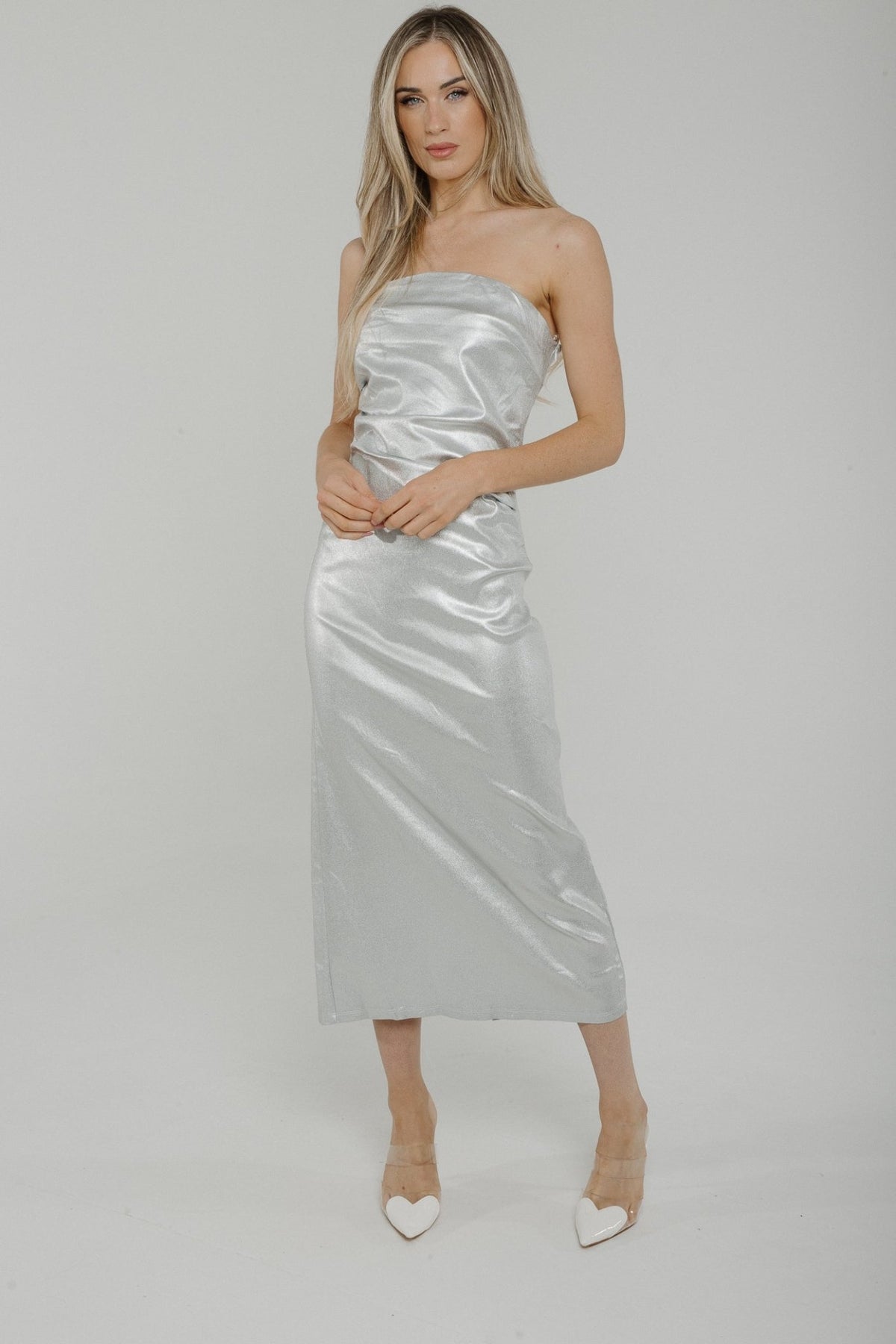 Holly Metallic Bandeau Dress In Silver - The Walk in Wardrobe