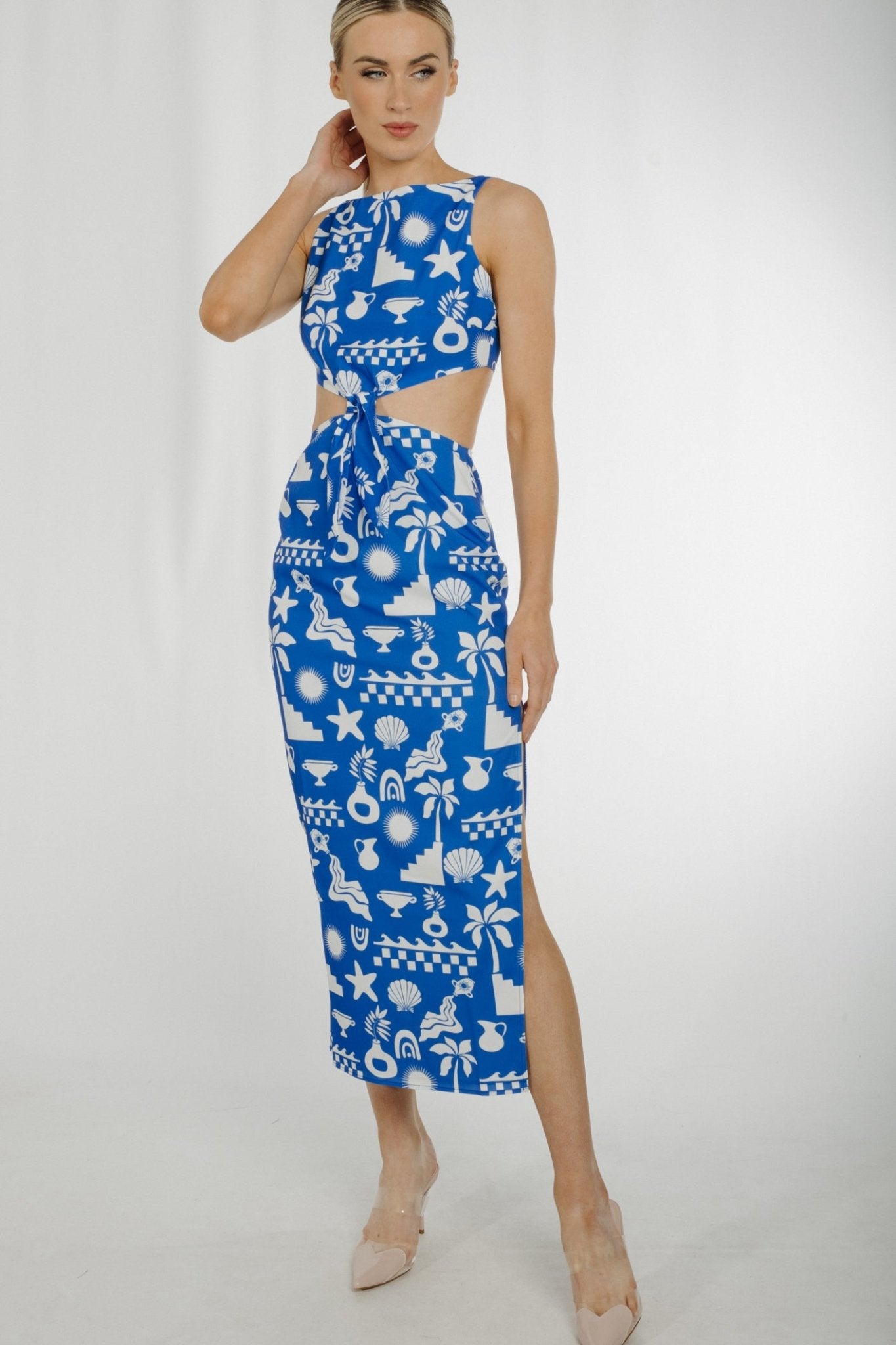 Holly Midi Dress In Blue & White - The Walk in Wardrobe