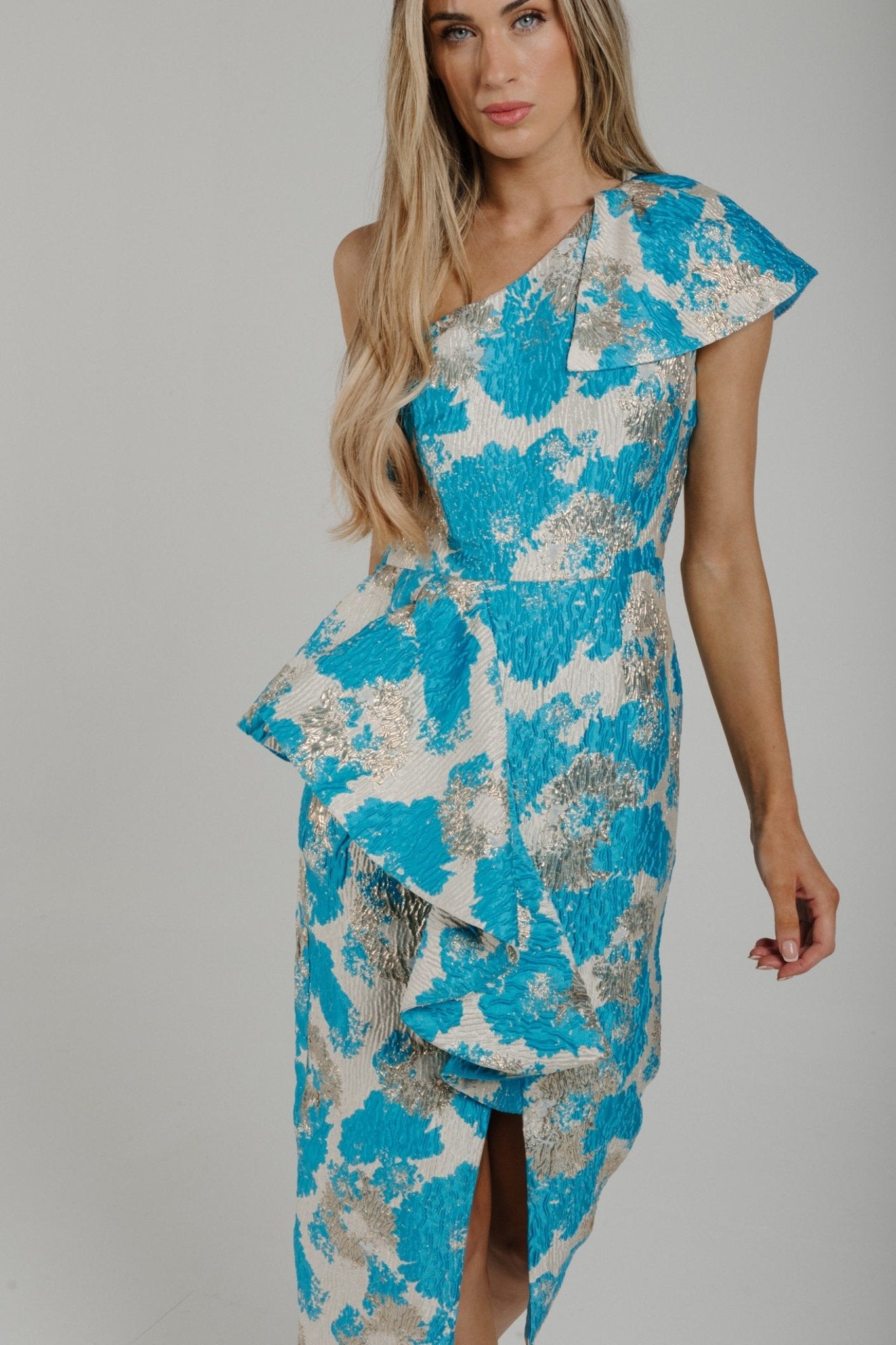 Holly One Shoulder Frill Detail Dress In Blue Mix - The Walk in Wardrobe
