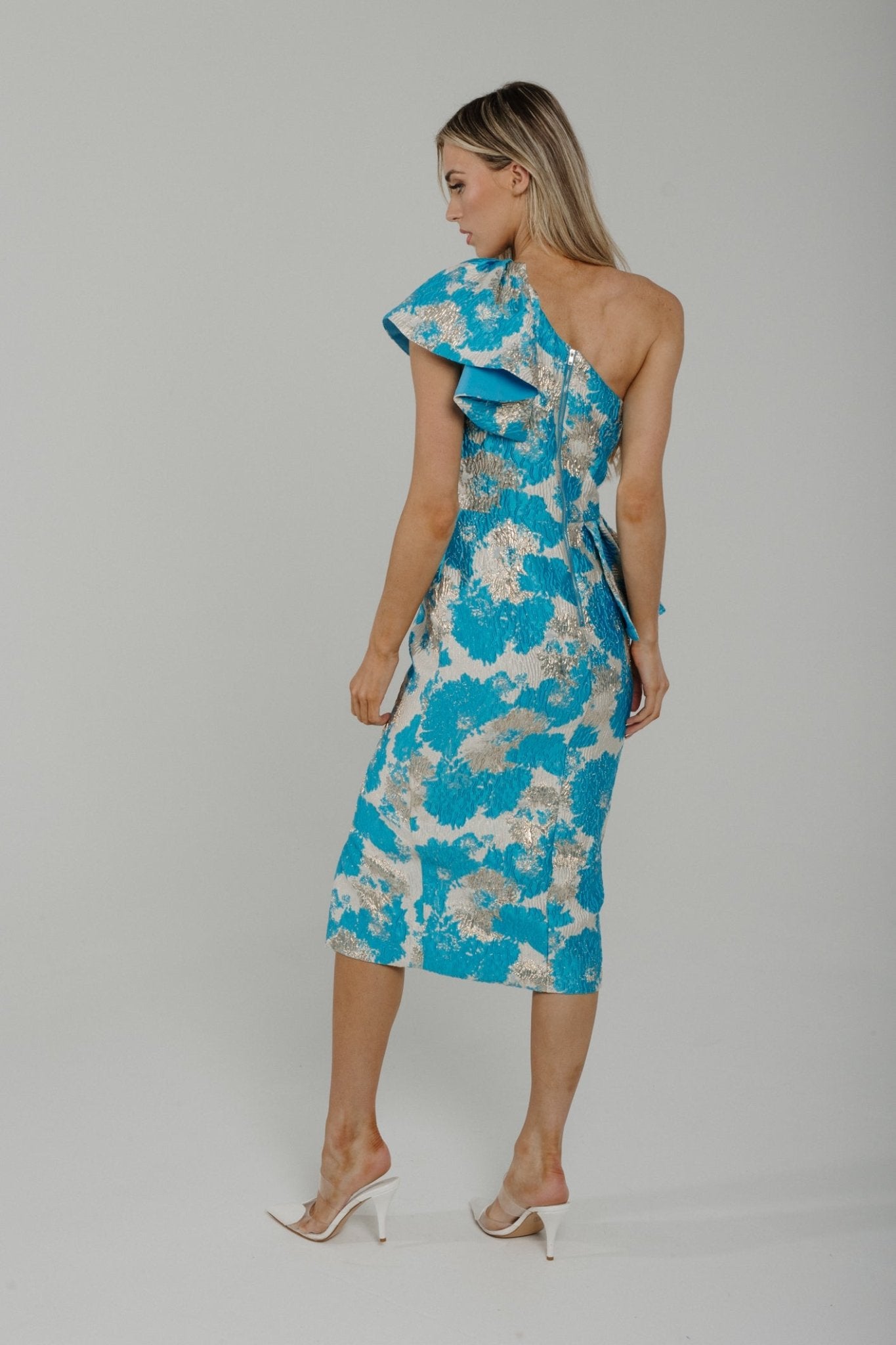 Holly One Shoulder Frill Detail Dress In Blue Mix - The Walk in Wardrobe