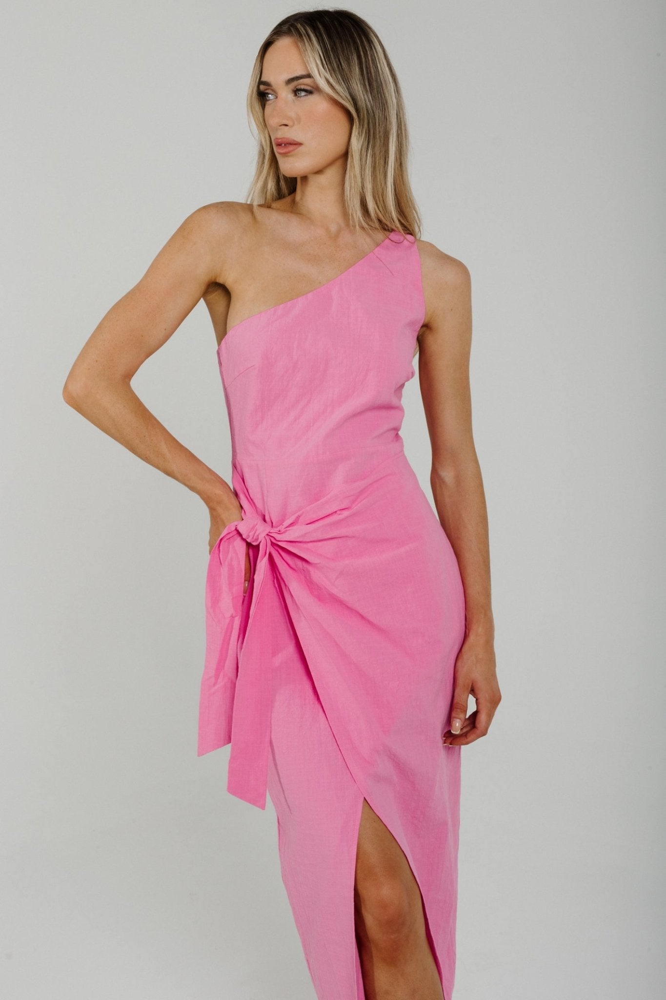 Holly One Shoulder Linen Dress In Pink - The Walk in Wardrobe