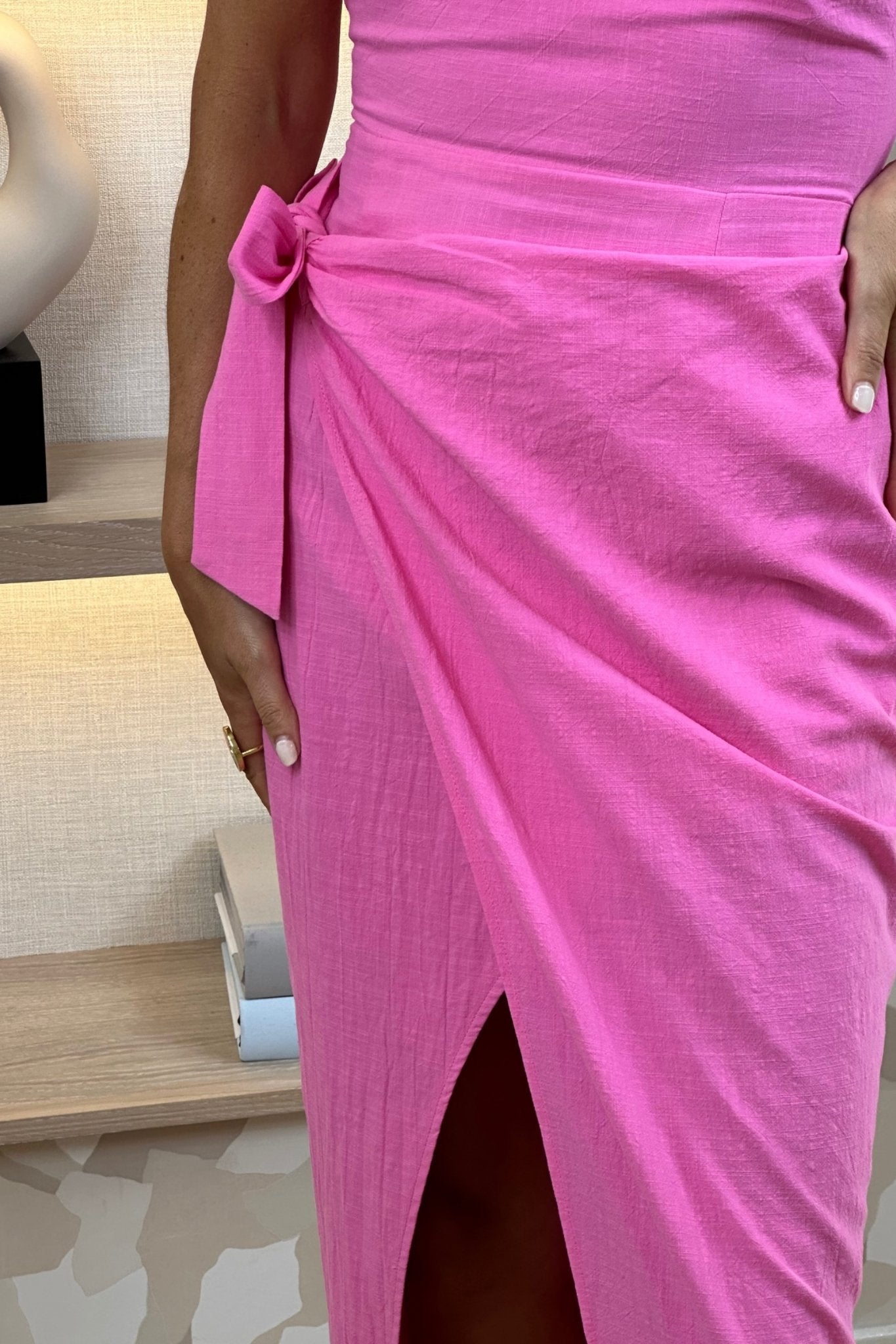 Holly One Shoulder Linen Dress In Pink - The Walk in Wardrobe