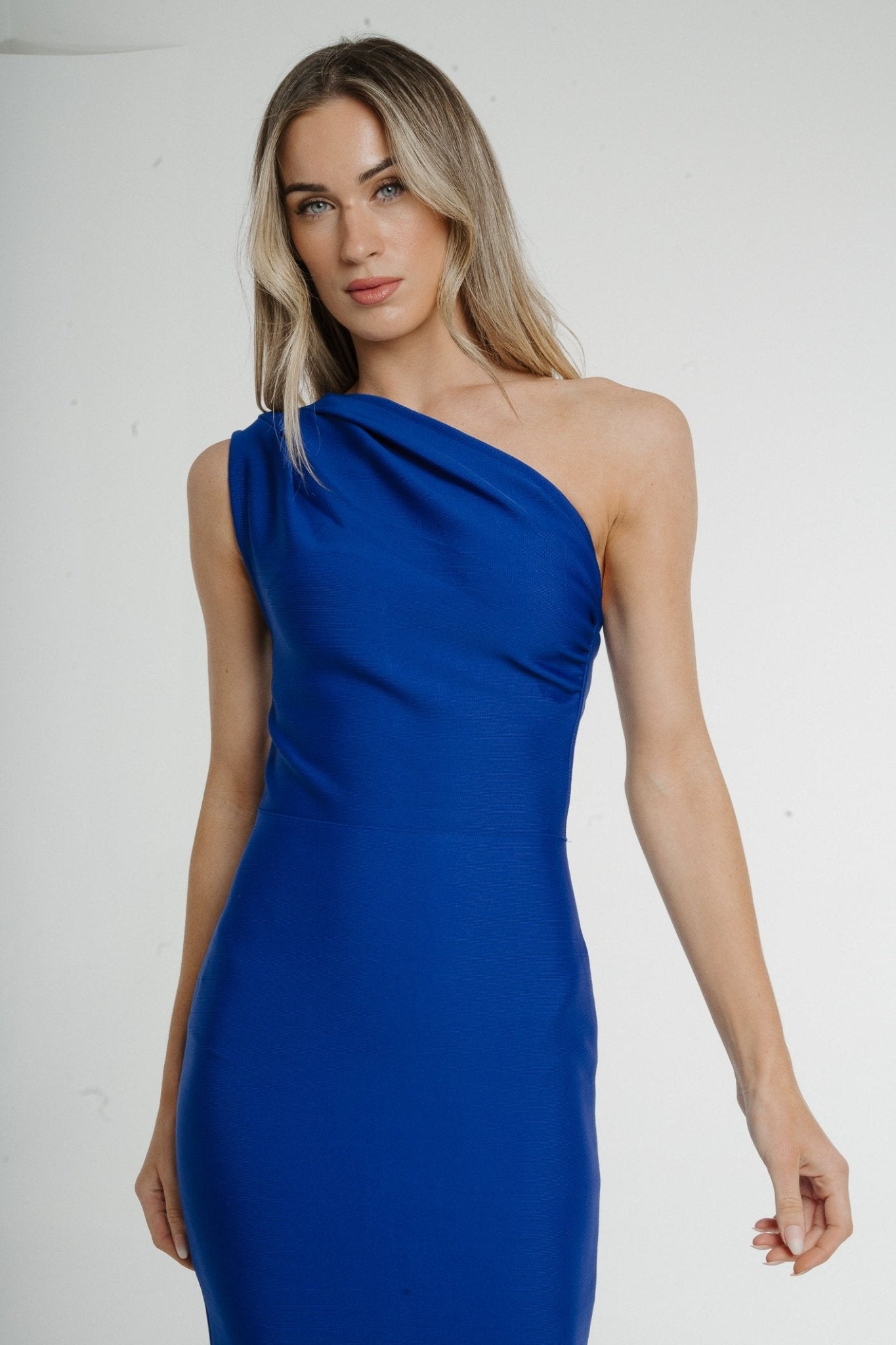 Holly One Shoulder Midi Dress In Blue - The Walk in Wardrobe