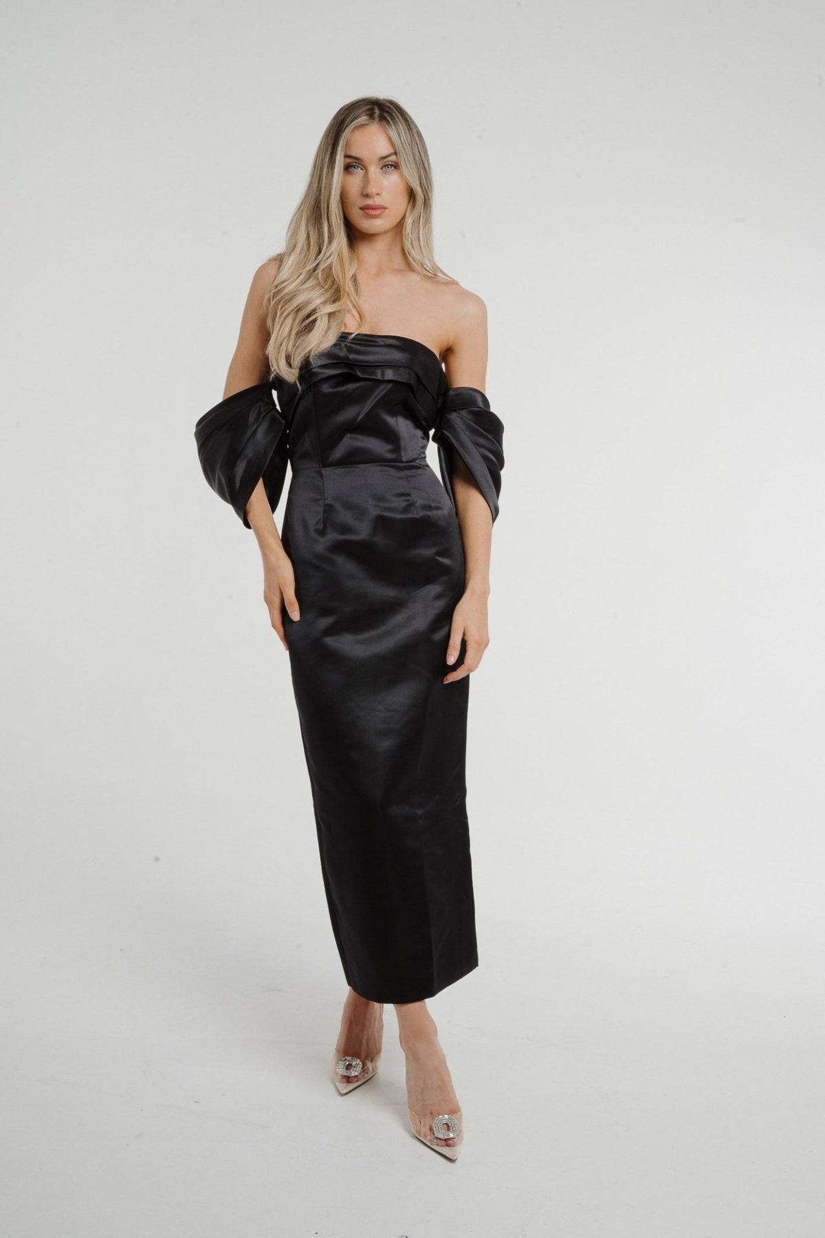 Holly Puff Sleeve Bardot Dress In Black - The Walk in Wardrobe
