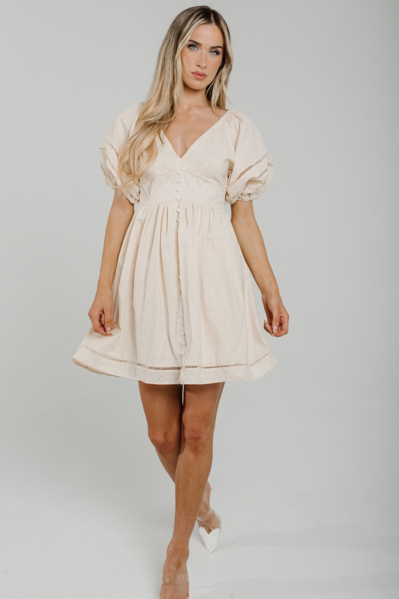 Holly Puff Sleeve Dress In Neutral - The Walk in Wardrobe