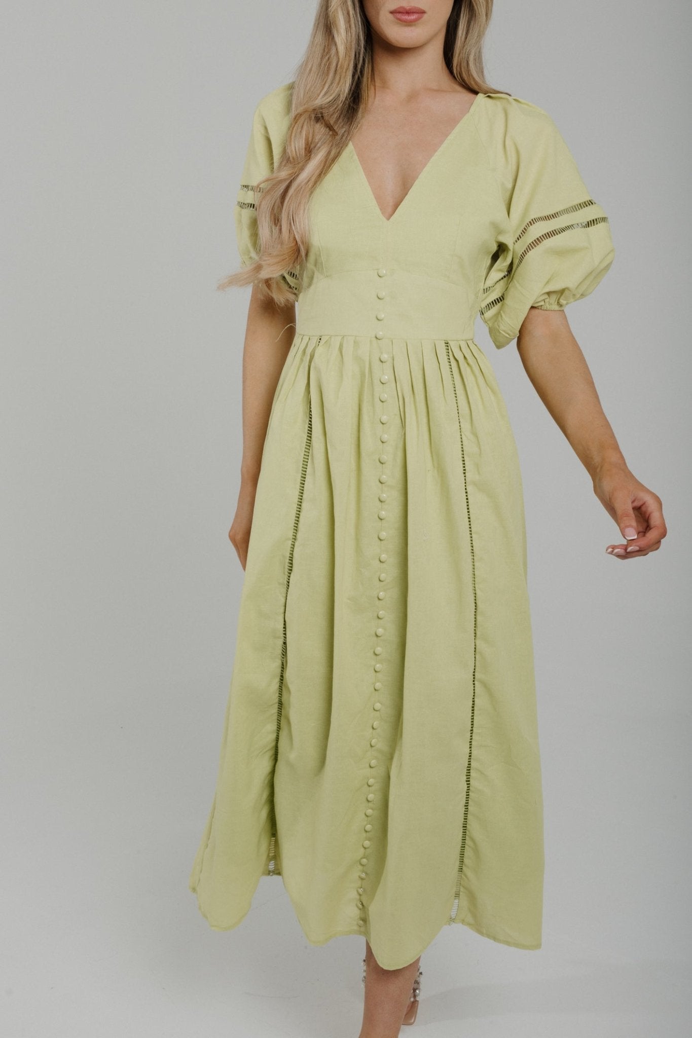 Holly Puff Sleeve Midi Dress In Lime - The Walk in Wardrobe