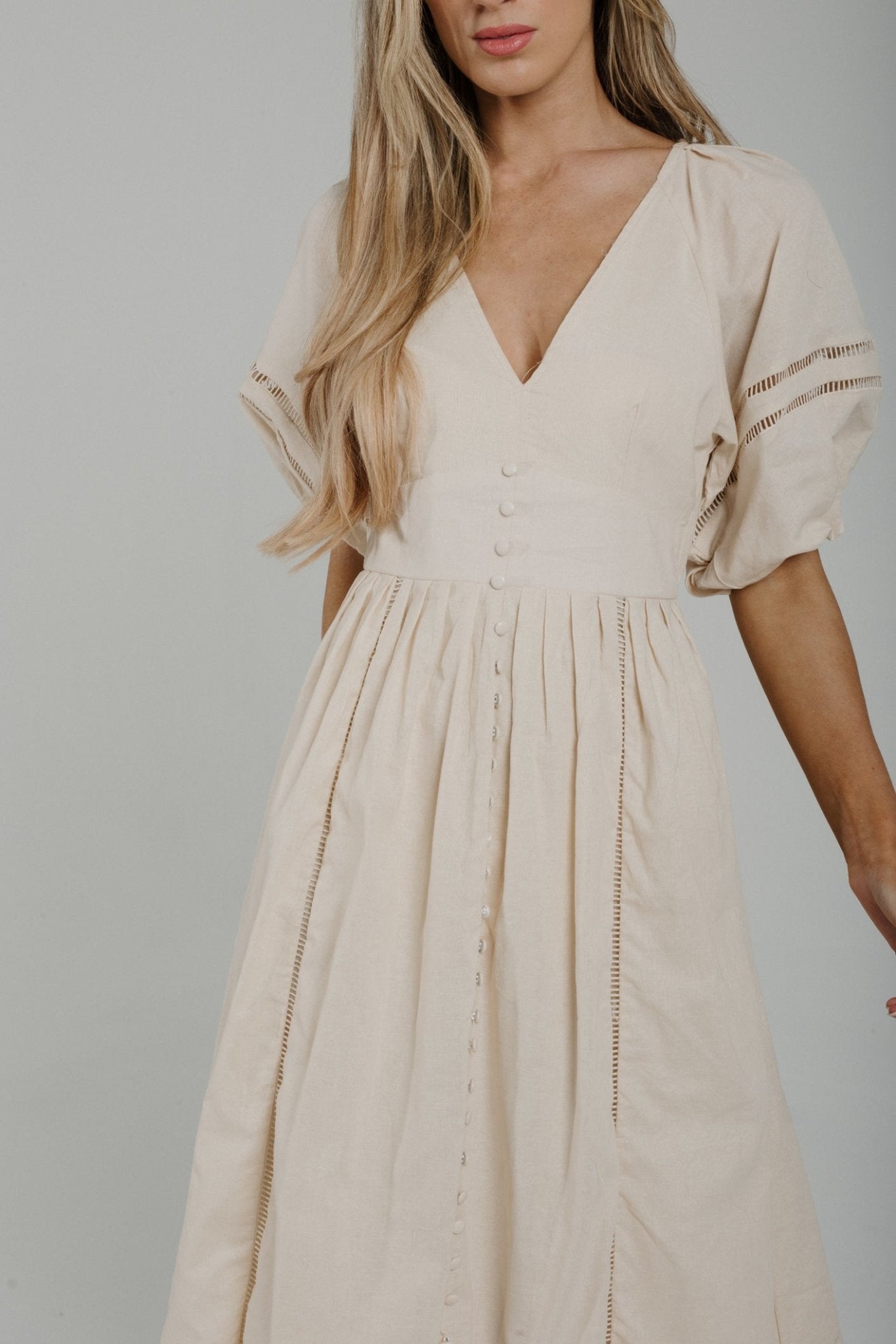 Holly Puff Sleeve Midi Dress In Neutral - The Walk in Wardrobe