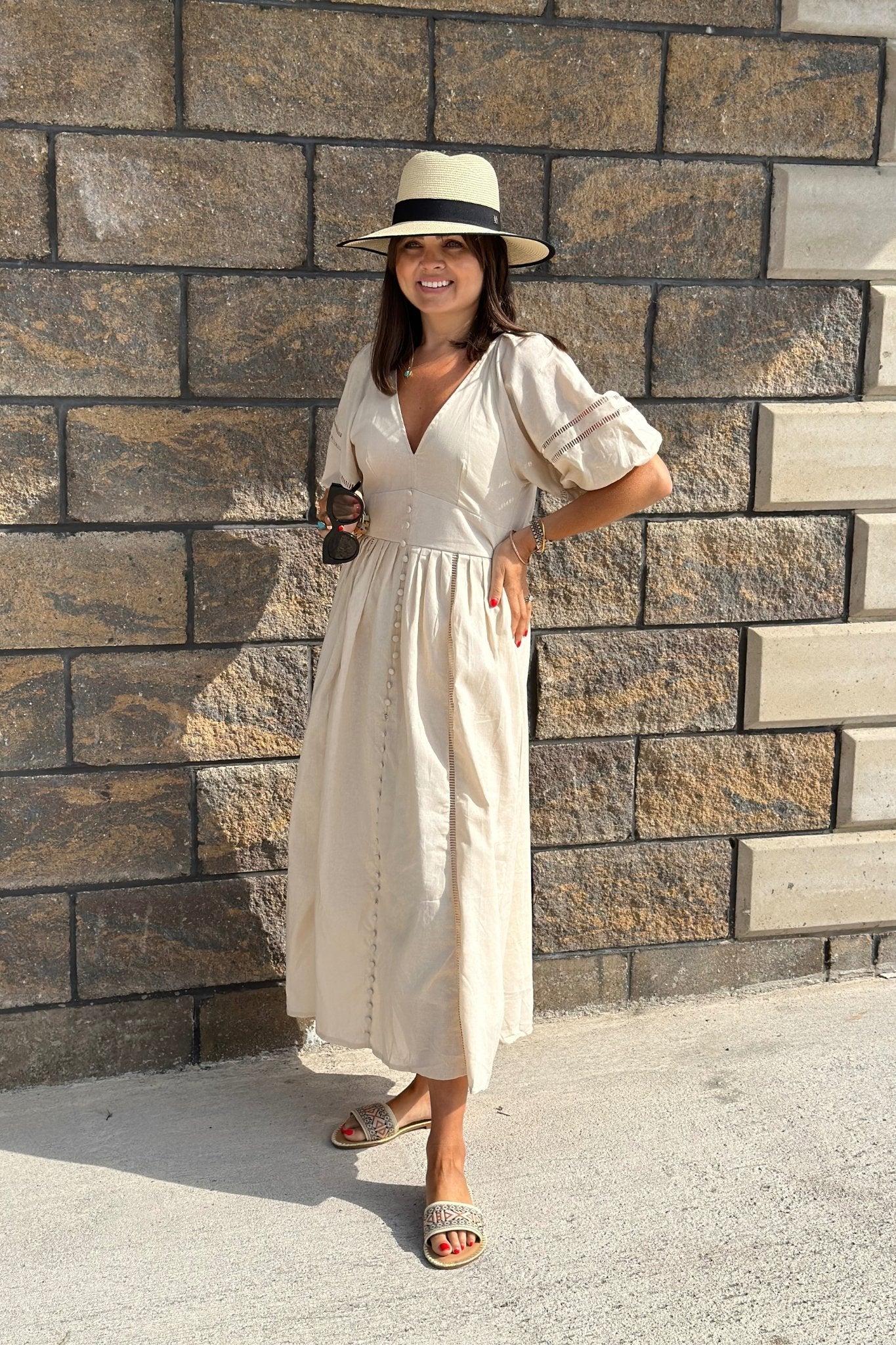 Holly Puff Sleeve Midi Dress In Neutral - The Walk in Wardrobe