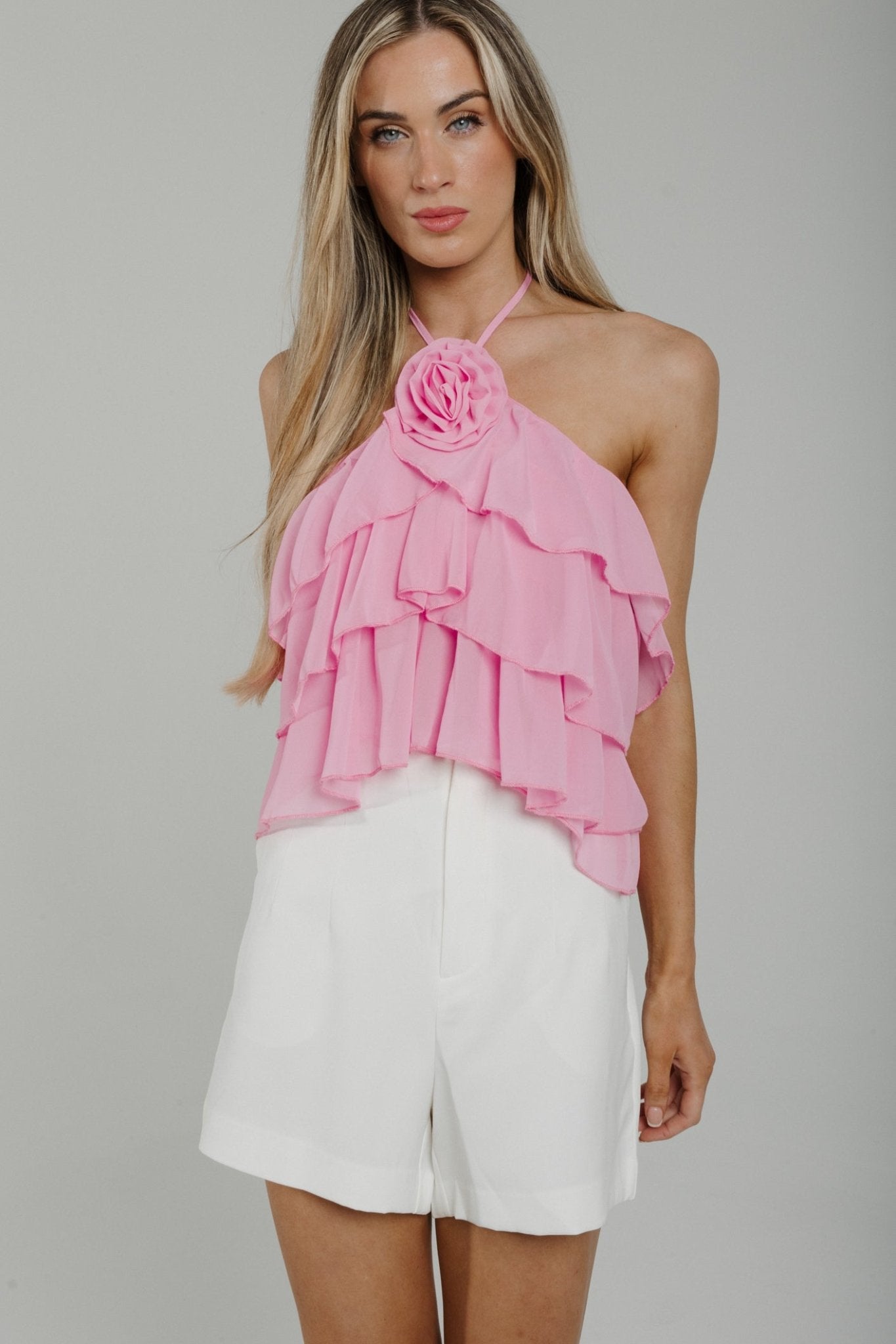 Holly Rose Detail Halter Top In Pink - The Walk in Wardrobe