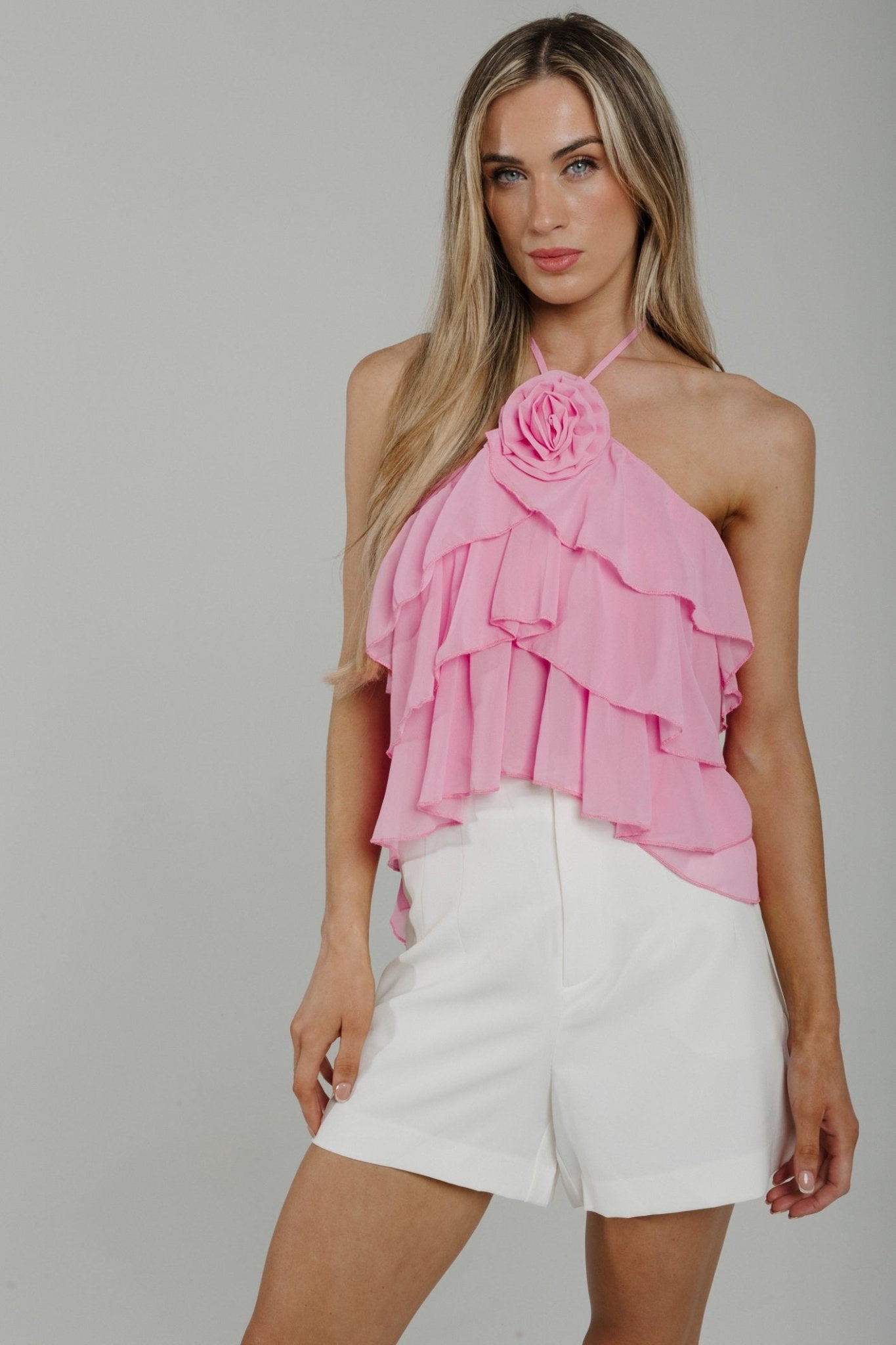 Holly Rose Detail Halter Top In Pink - The Walk in Wardrobe