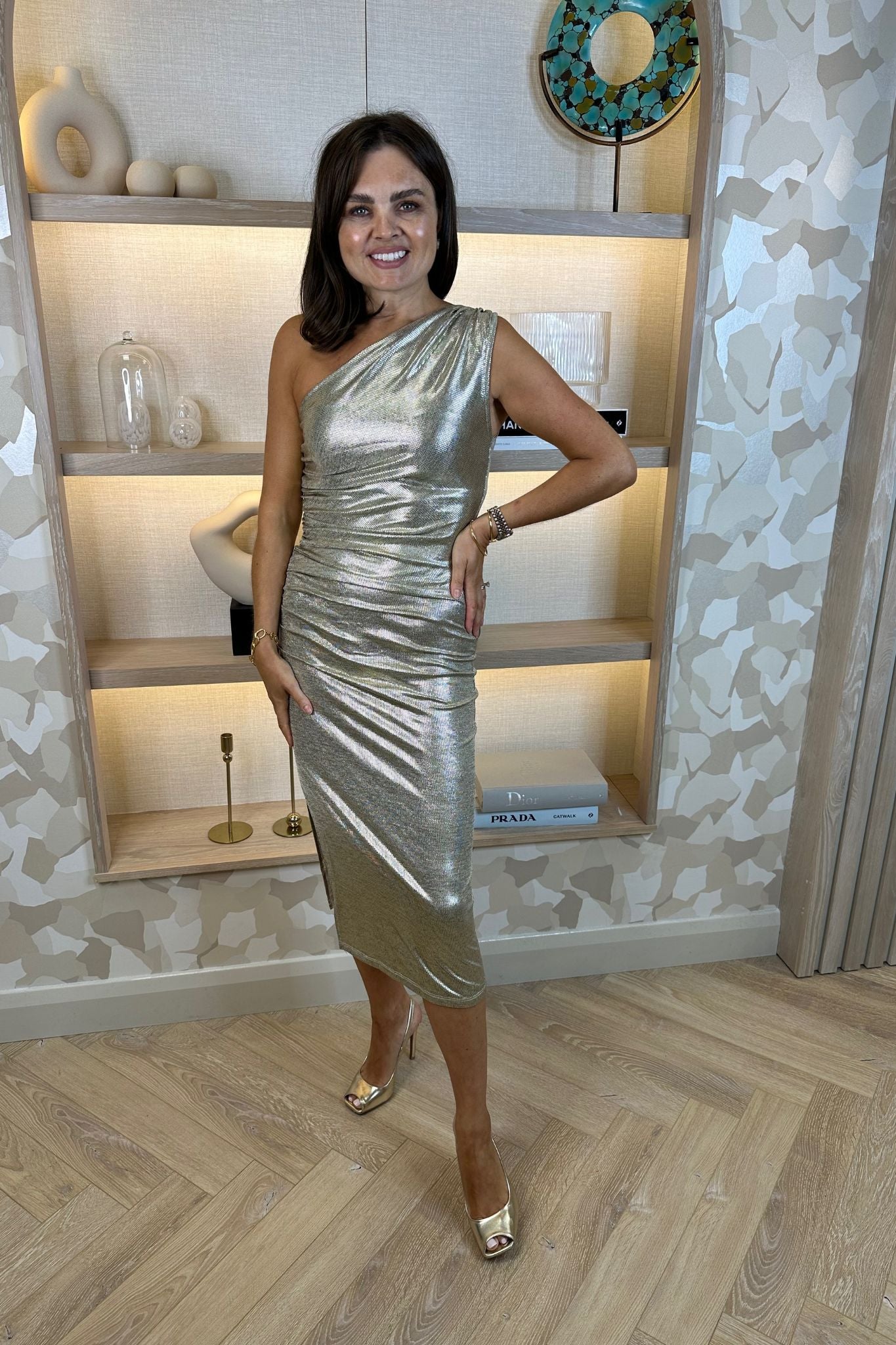 Holly Ruched Metallic Midi Dress In Gold - The Walk in Wardrobe