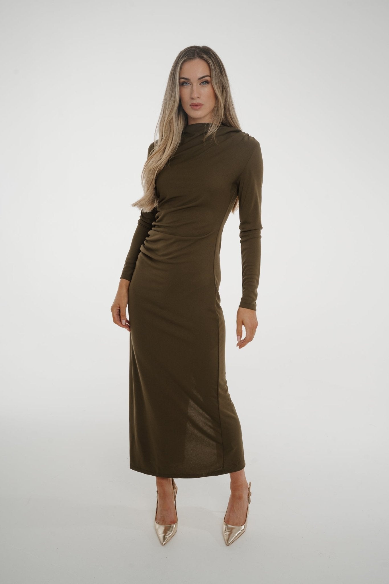 Holly Ruched Midi Dress In Khaki - The Walk in Wardrobe
