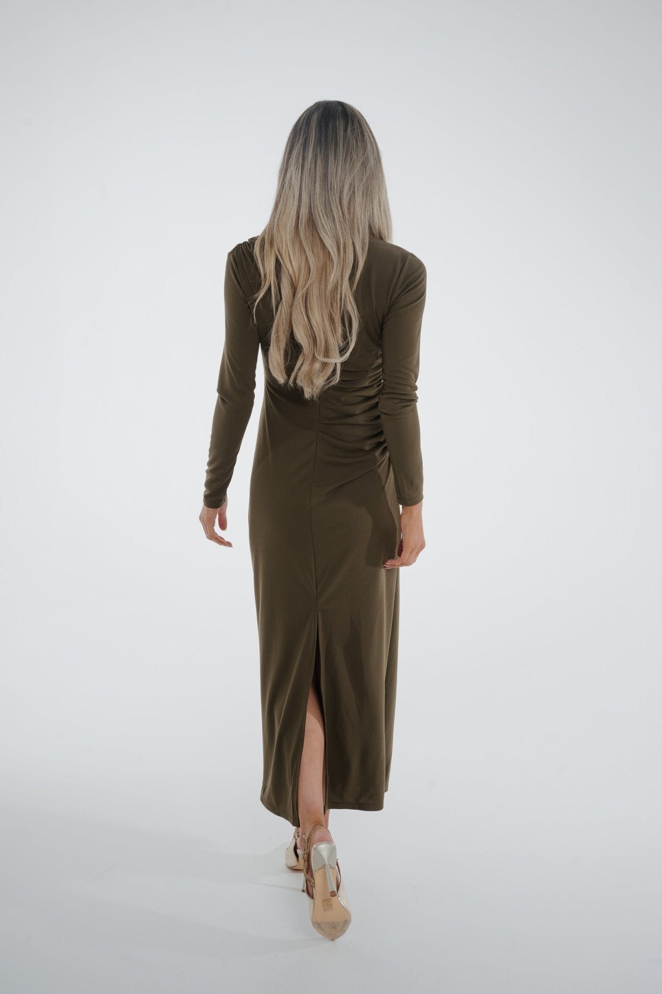 Holly Ruched Midi Dress In Khaki - The Walk in Wardrobe