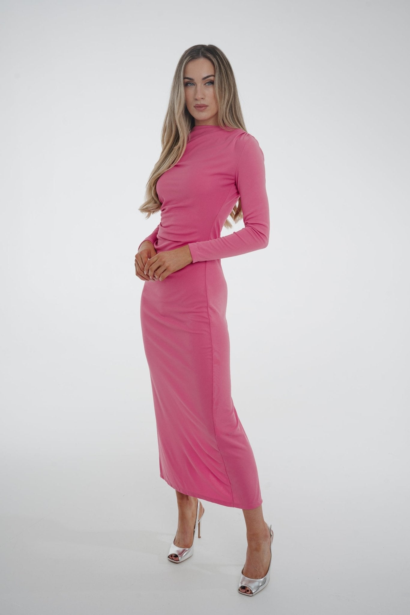 Holly Ruched Midi Dress In Pink - The Walk in Wardrobe