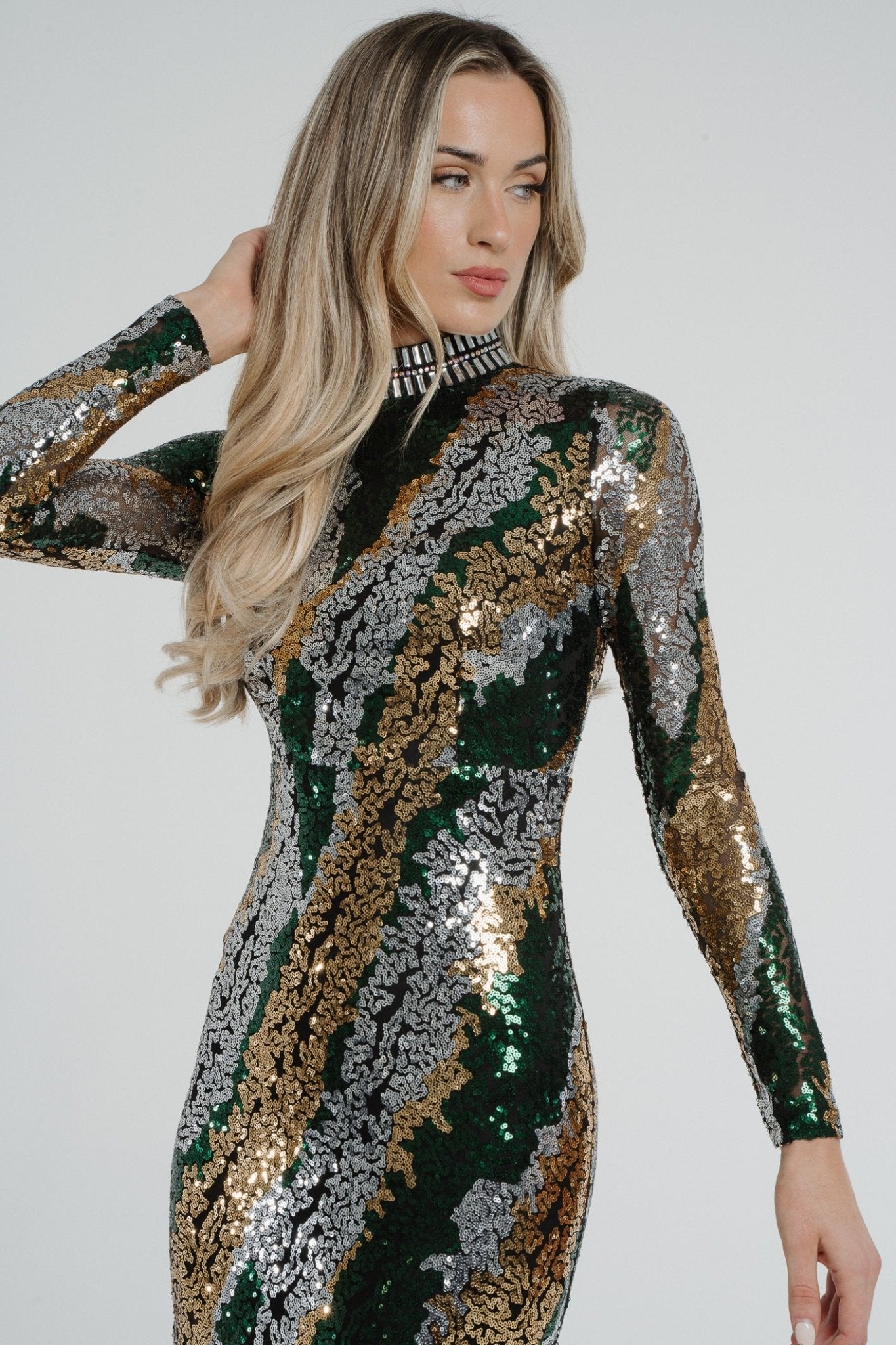 Holly Sequin Maxi Dress In Green Mix - The Walk in Wardrobe
