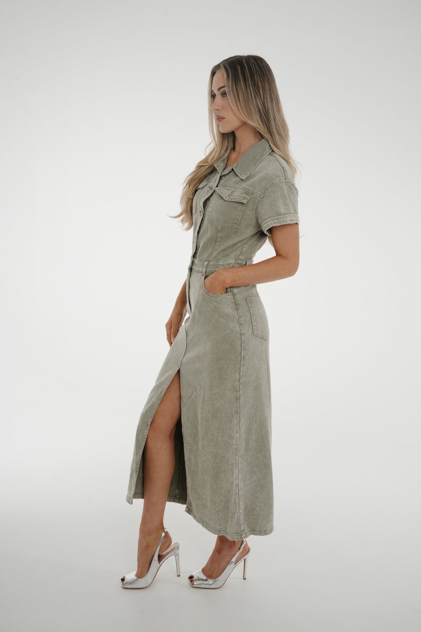 Holly Short Sleeve Denim Shirt Dress In Khaki - The Walk in Wardrobe