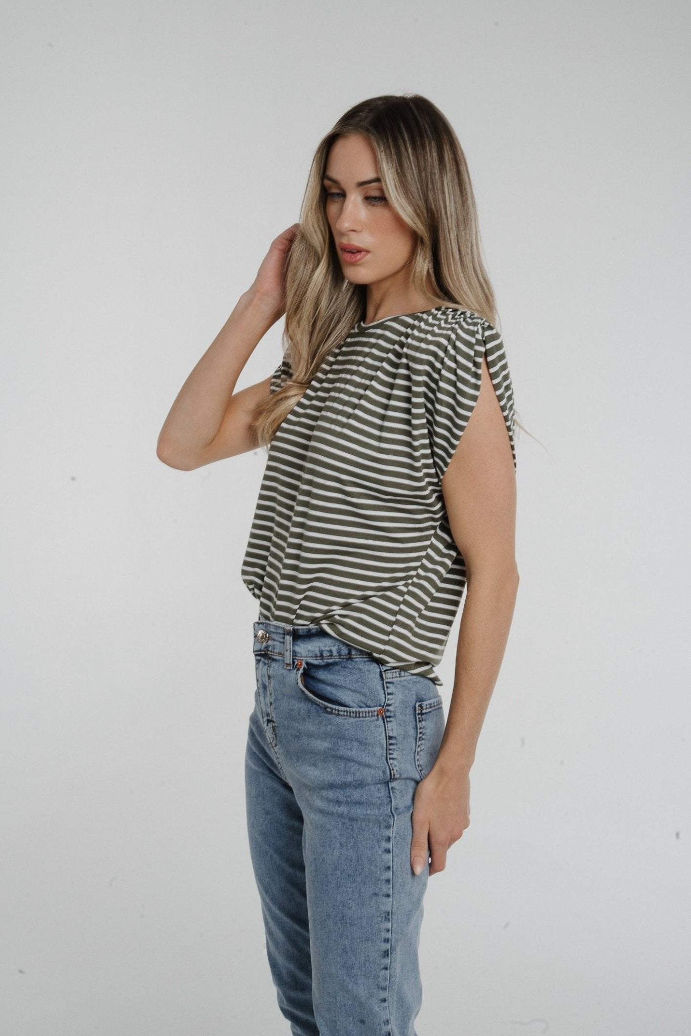 Holly Shoulder Pad Stripe T-Shirt In Khaki - The Walk in Wardrobe