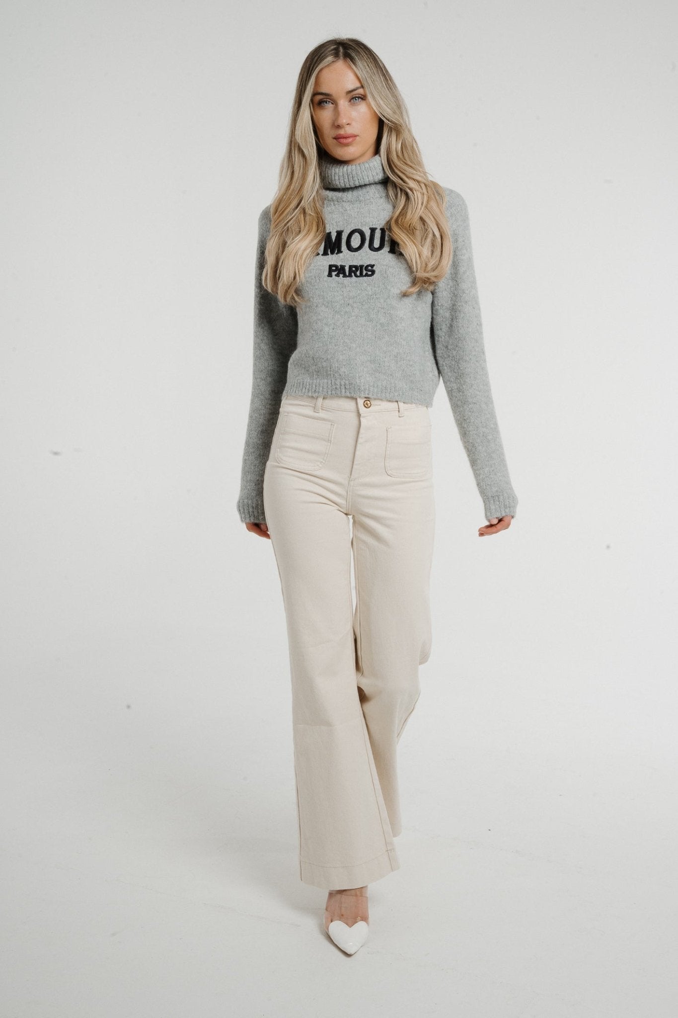 Holly Slogan Polo Neck In Grey - The Walk in Wardrobe