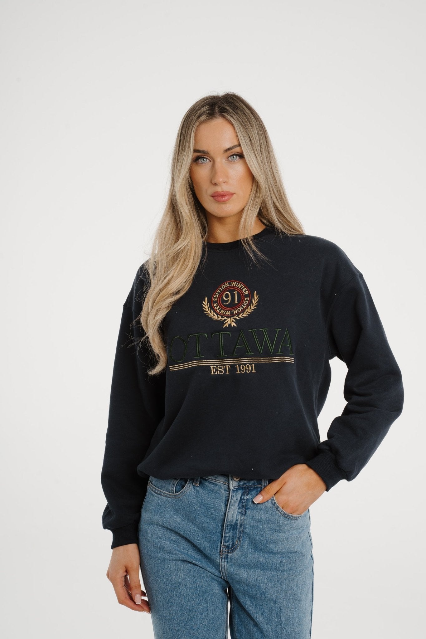 Holly Slogan Sweatshirt In Navy - The Walk in Wardrobe