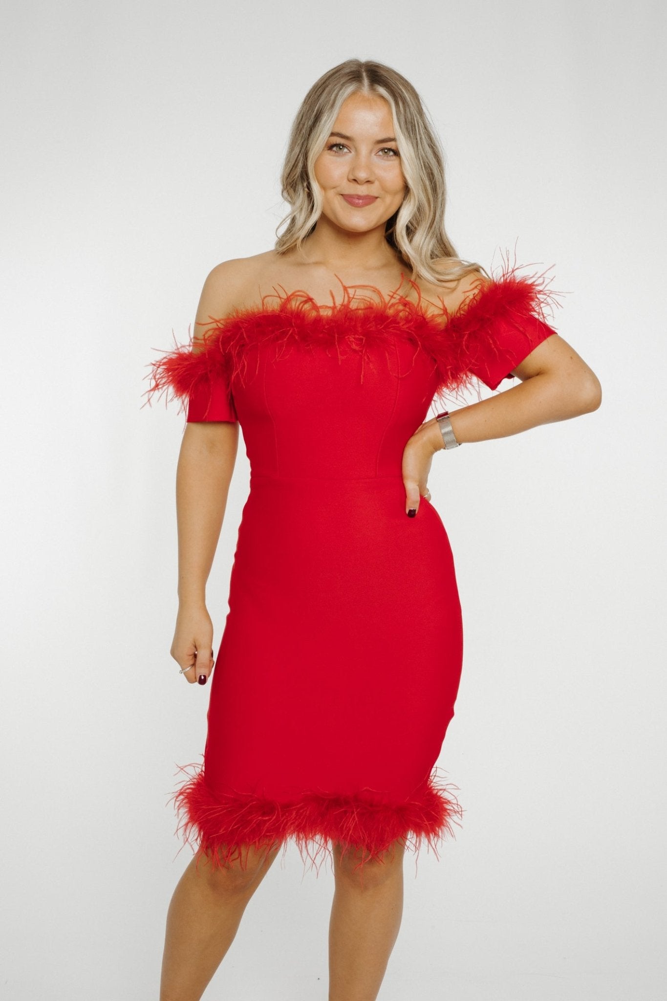 Holly Strapless Feather Trim Dress In Red - The Walk in Wardrobe