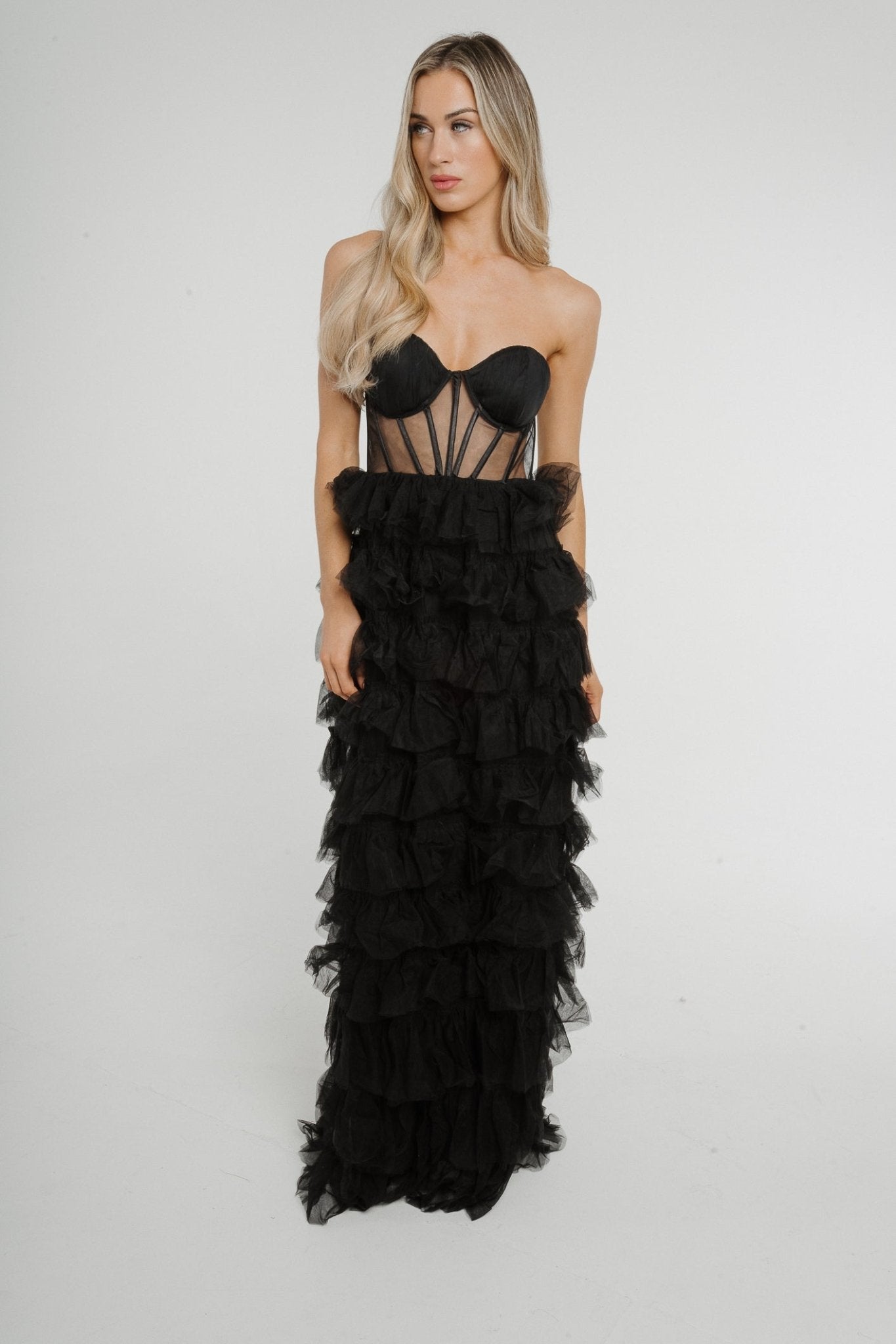 Holly Strapless Tulle Maxi Dress In Black - The Walk in Wardrobe