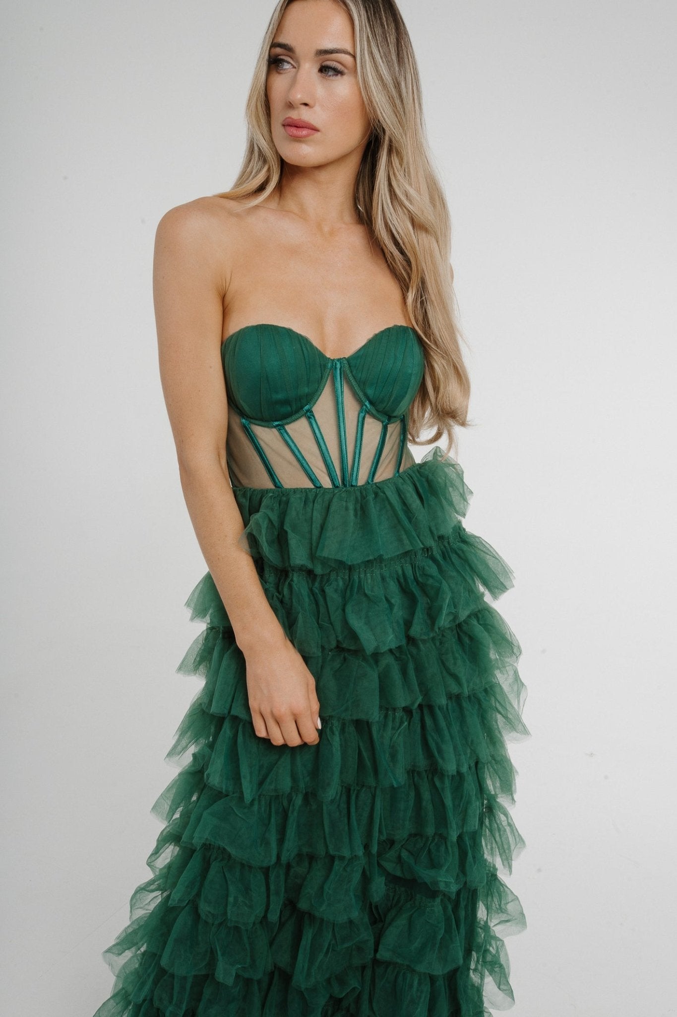 Holly Strapless Tulle Maxi Dress In Green - The Walk in Wardrobe