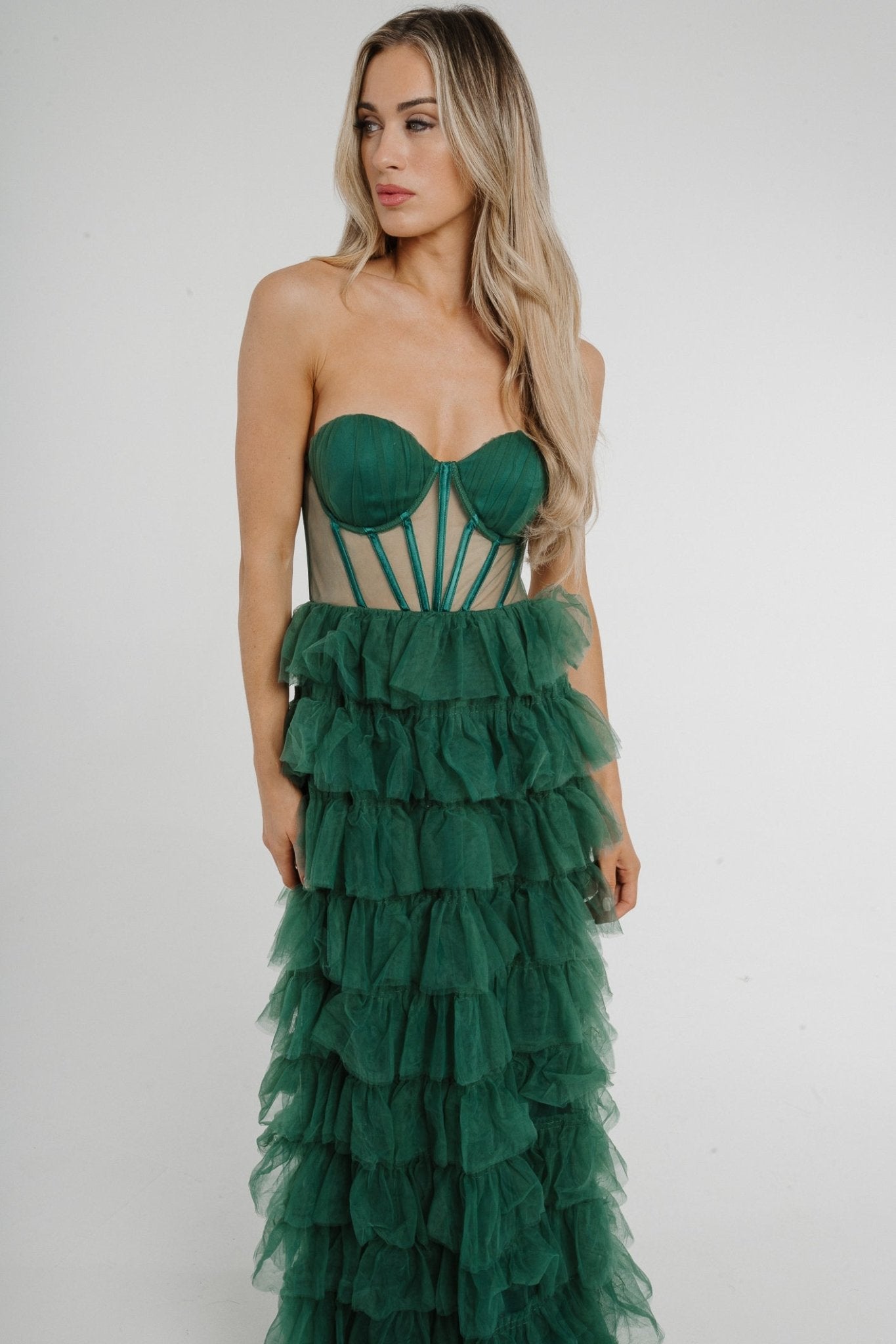 Holly Strapless Tulle Maxi Dress In Green - The Walk in Wardrobe