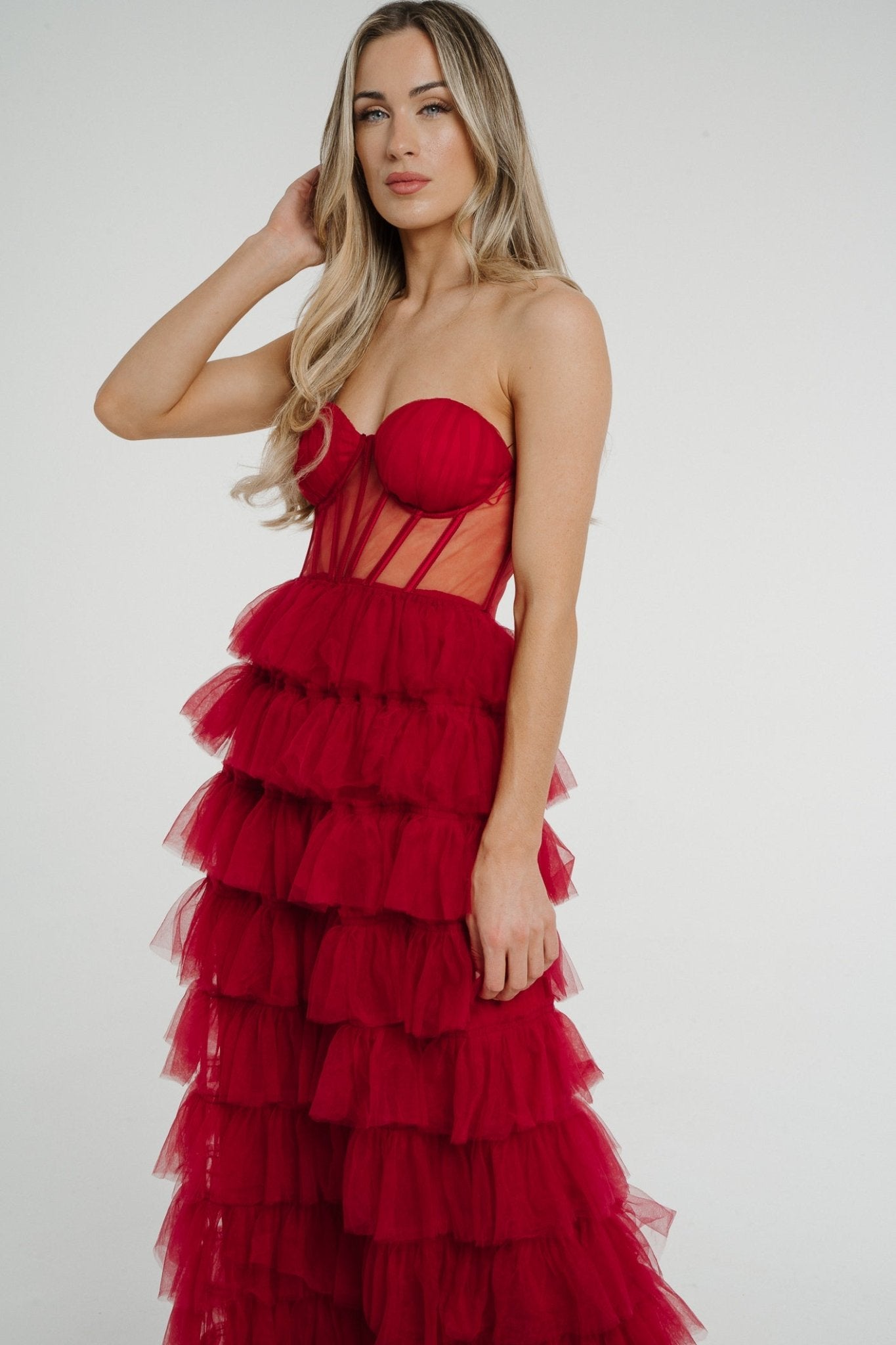 Holly Strapless Tulle Maxi Dress In Red - The Walk in Wardrobe