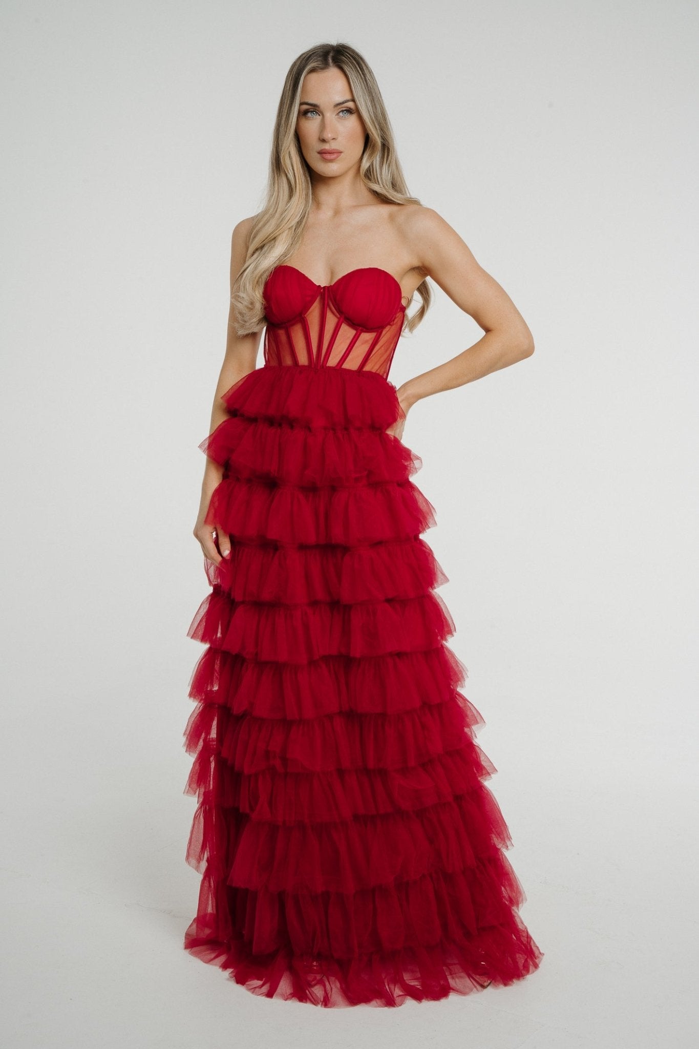 Holly Strapless Tulle Maxi Dress In Red - The Walk in Wardrobe