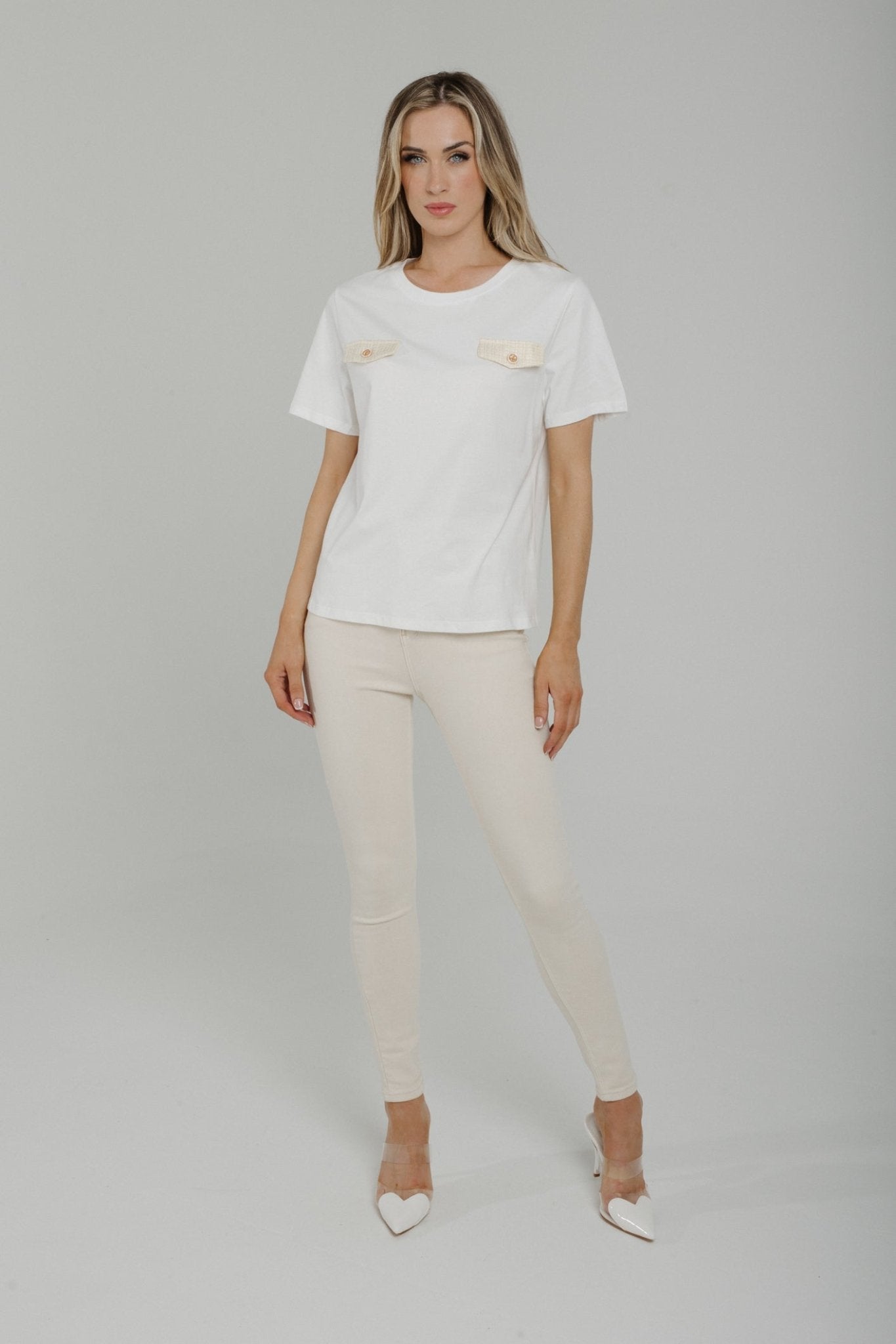 Holly Yellow Pocket Detail T-Shirt In White - The Walk in Wardrobe