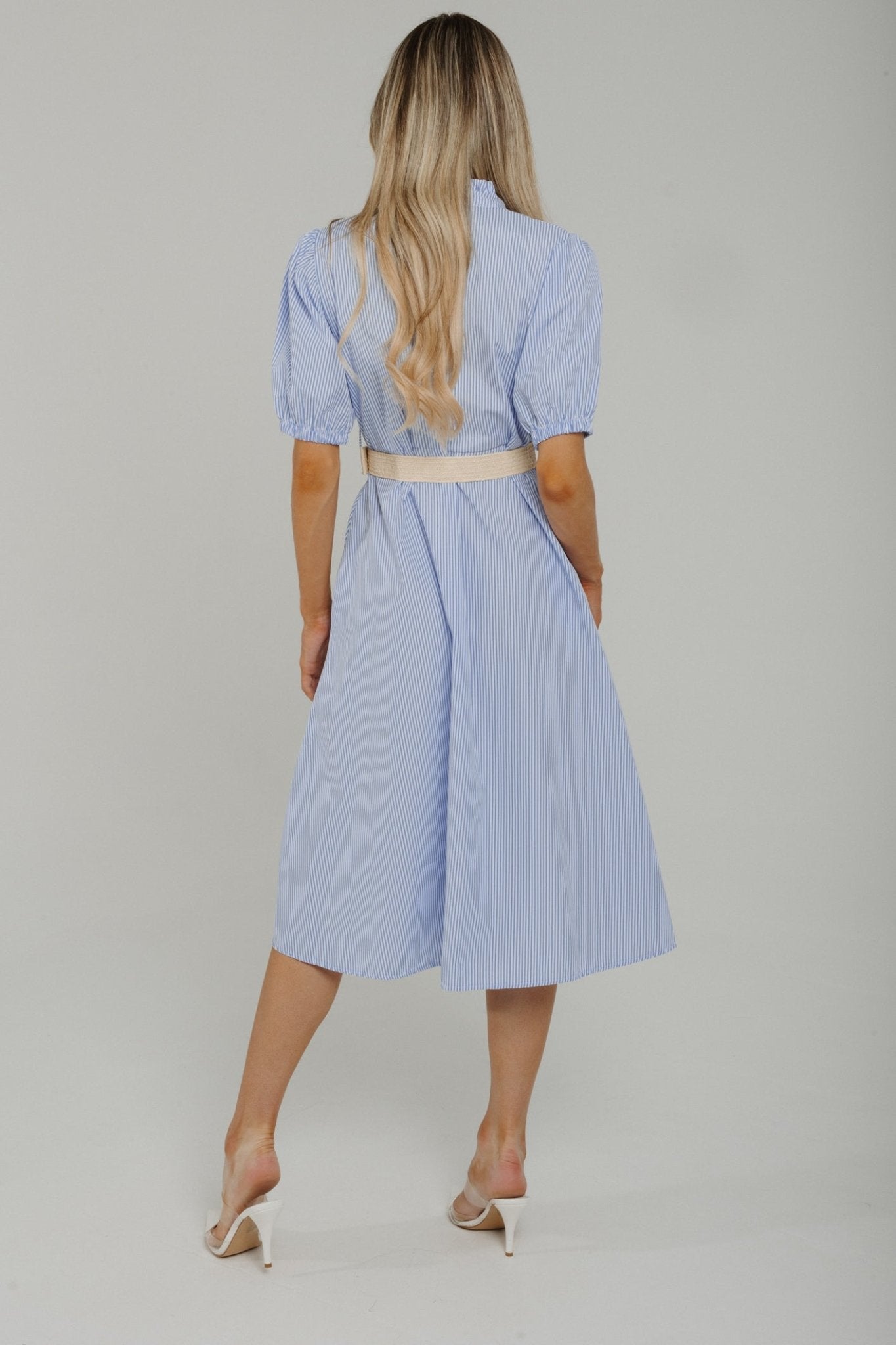 Indie Belted Puff Sleeve Dress In Blue Stripe - The Walk in Wardrobe
