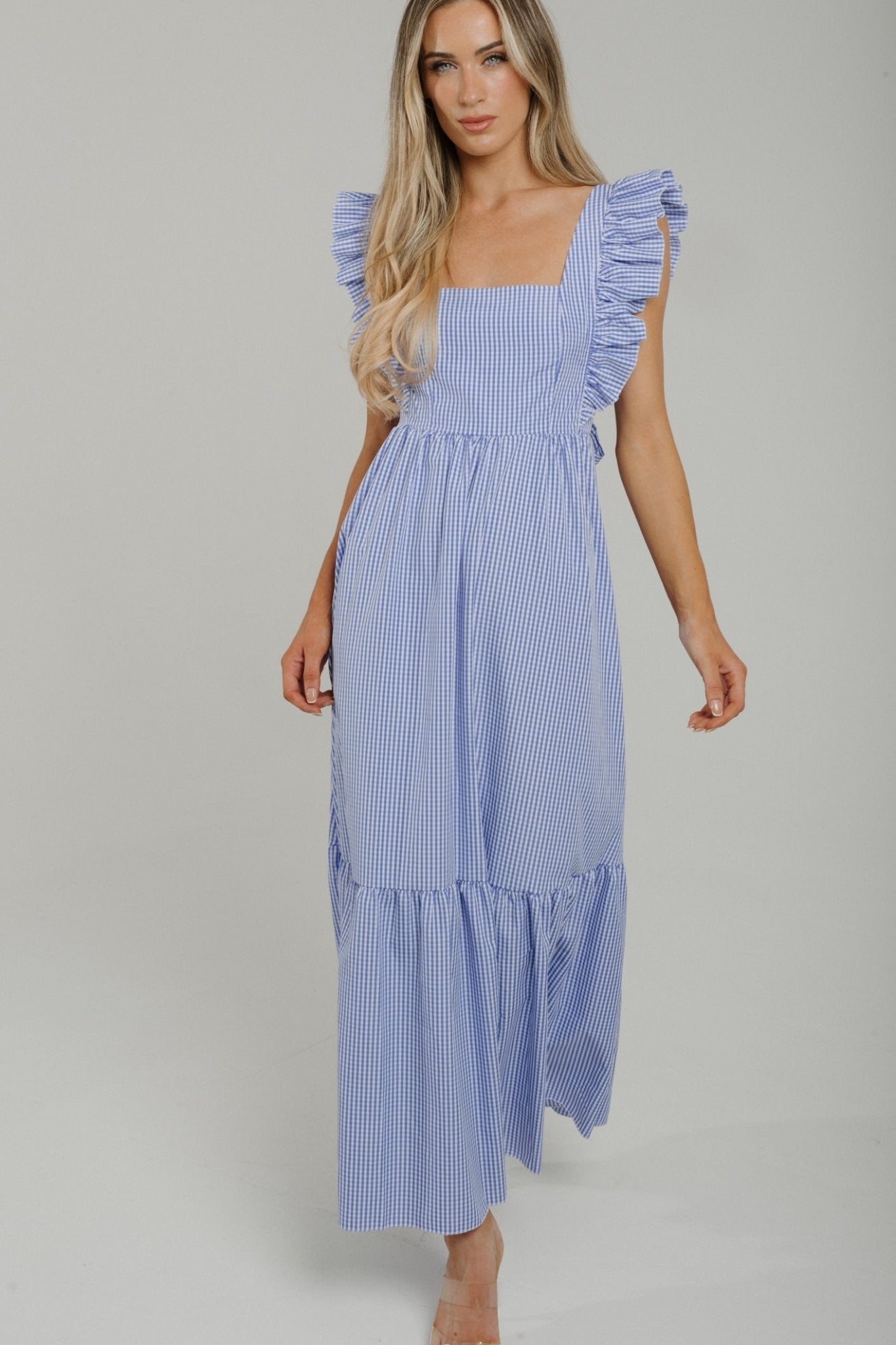 Indie Frill Sleeve Dress In Blue Gingham - The Walk in Wardrobe