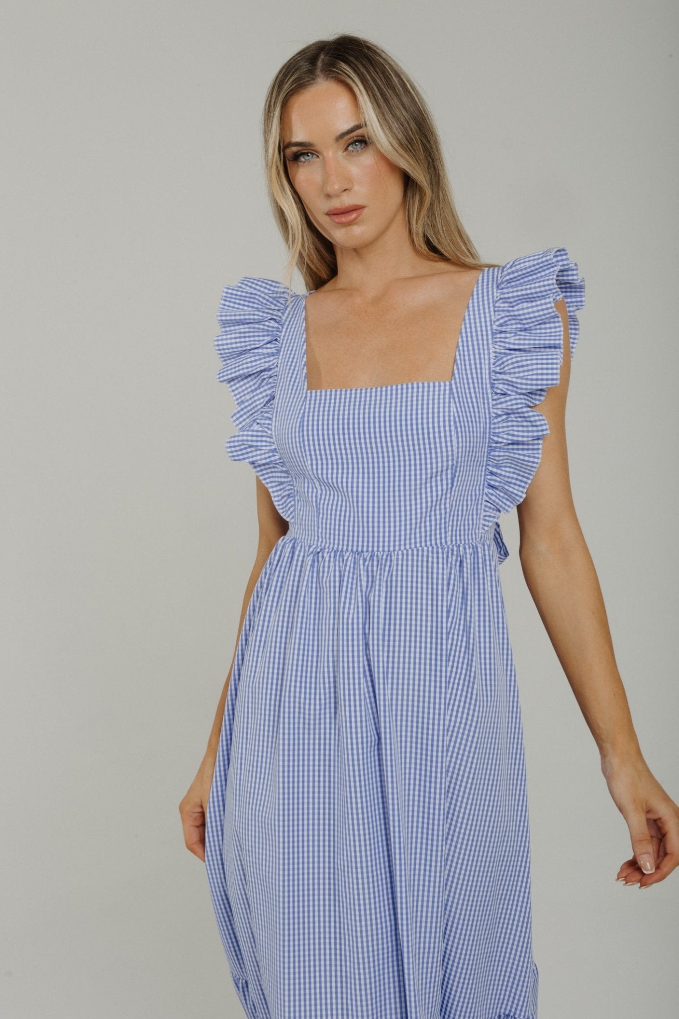 Indie Frill Sleeve Dress In Blue Gingham - The Walk in Wardrobe