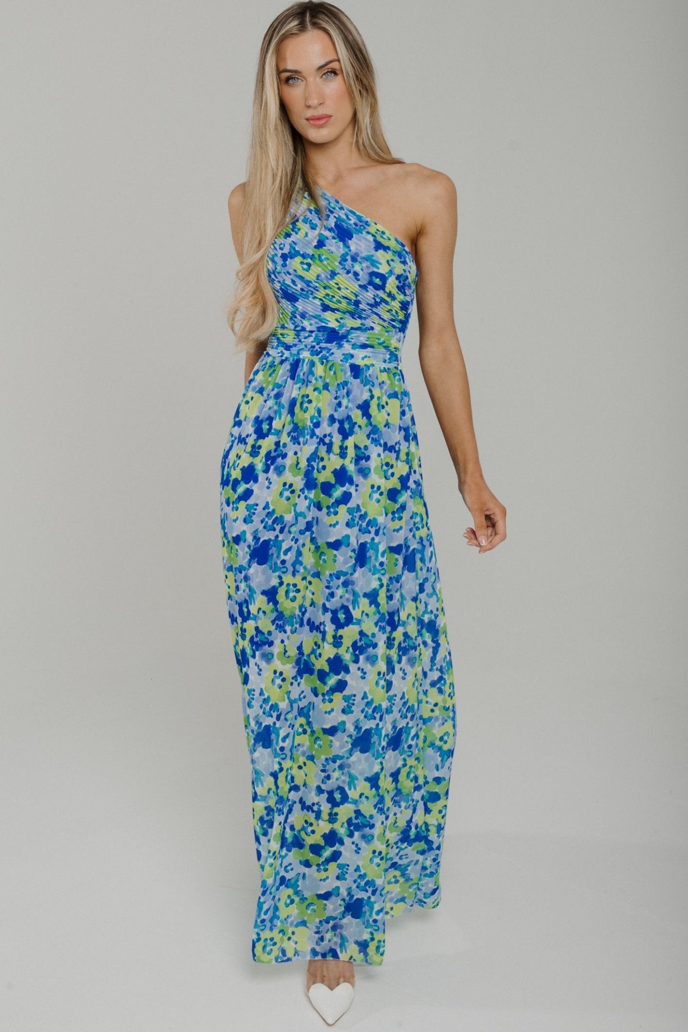 Indie One Shoulder Maxi Dress In Blue Floral - The Walk in Wardrobe