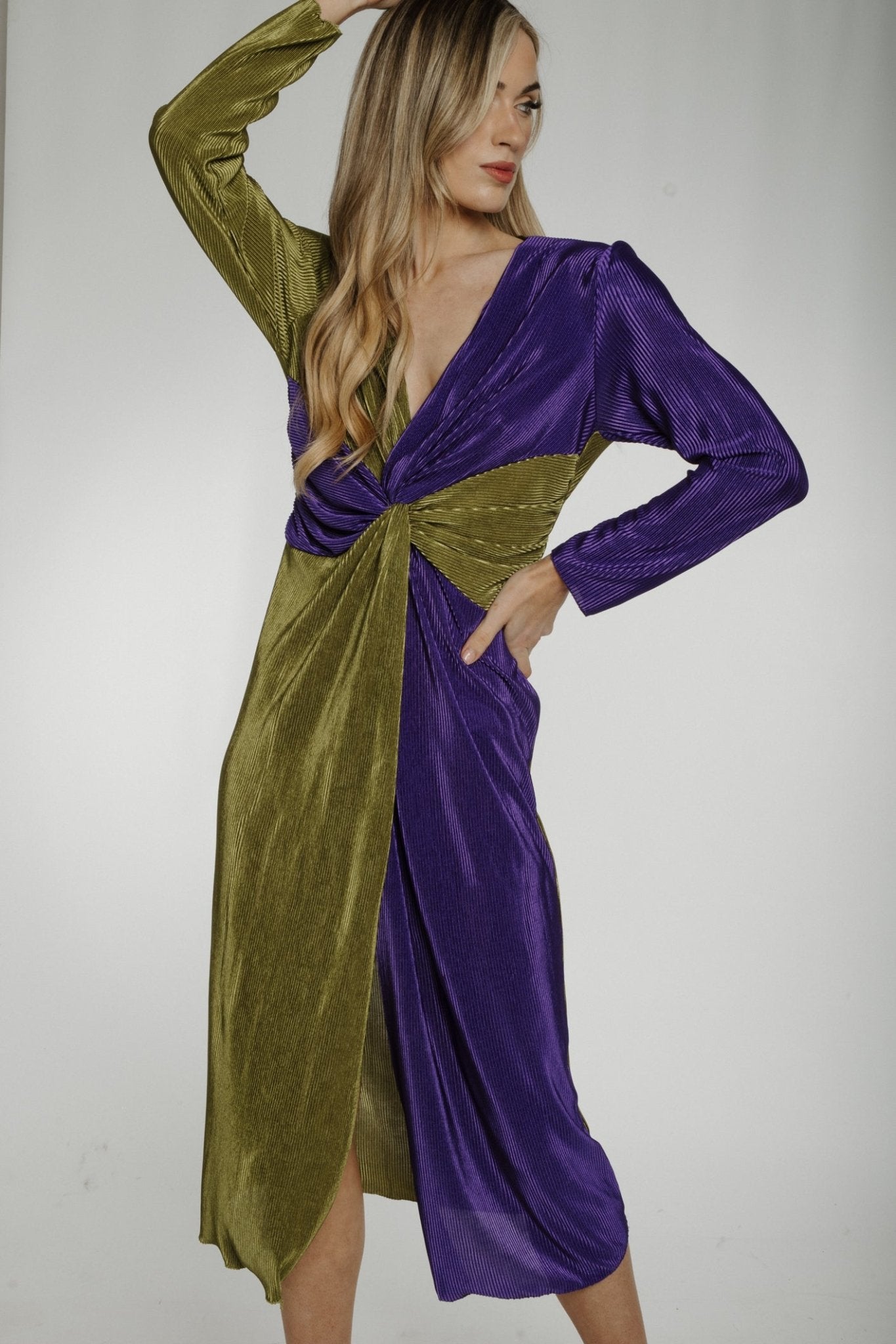 Indie Pleated Dress In Green & Purple - The Walk in Wardrobe