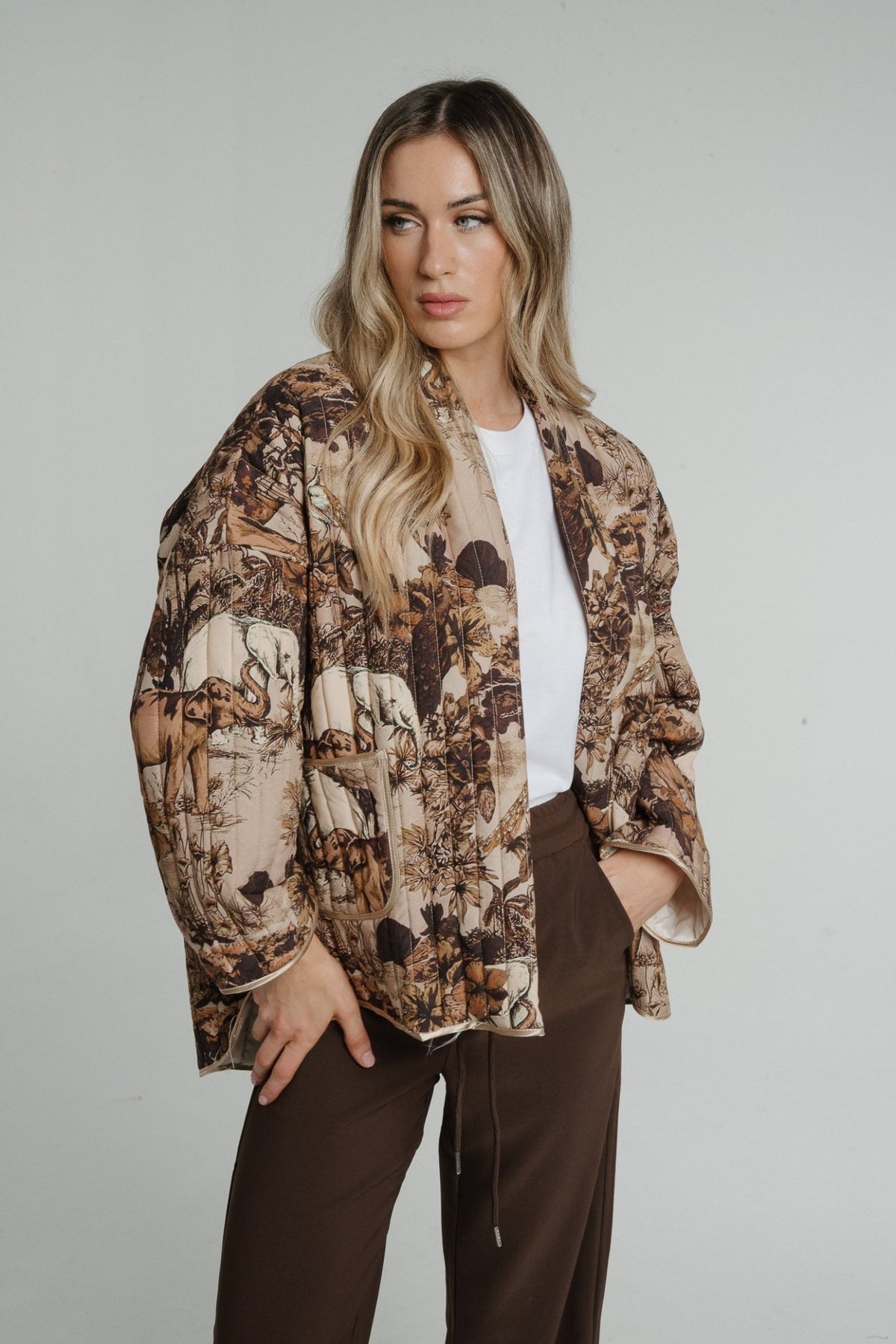 Indie Quilted Print Jacket In Tan Mix - The Walk in Wardrobe